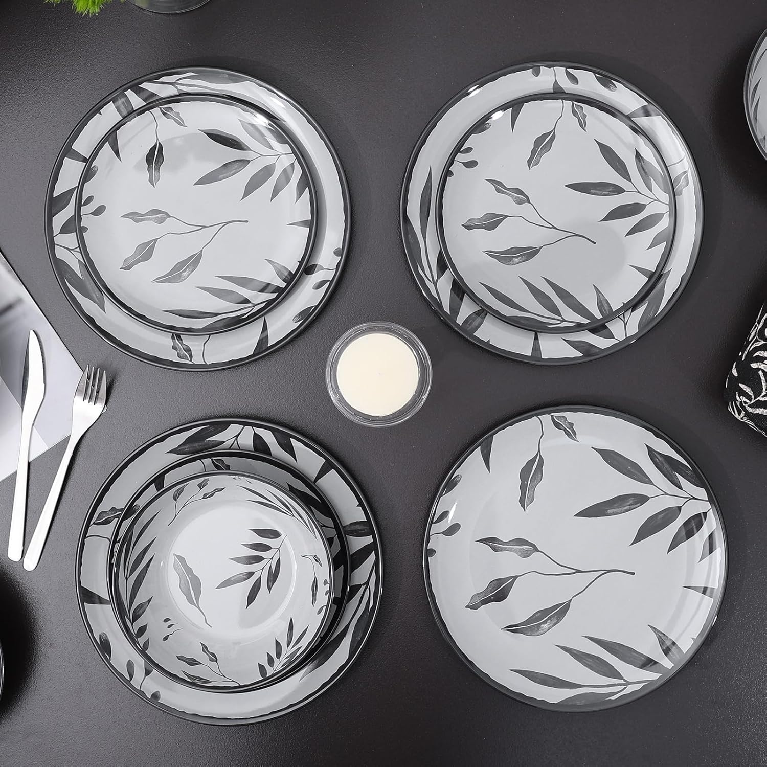 12pcs Melamine Dinnerware Set - Service for 4 Melamine Plates and Bowls Set, Unbreakable Dinner Salad Dessert Plate, Cereal Bowl Set for Indoor/Outdoor, Gray Leaf