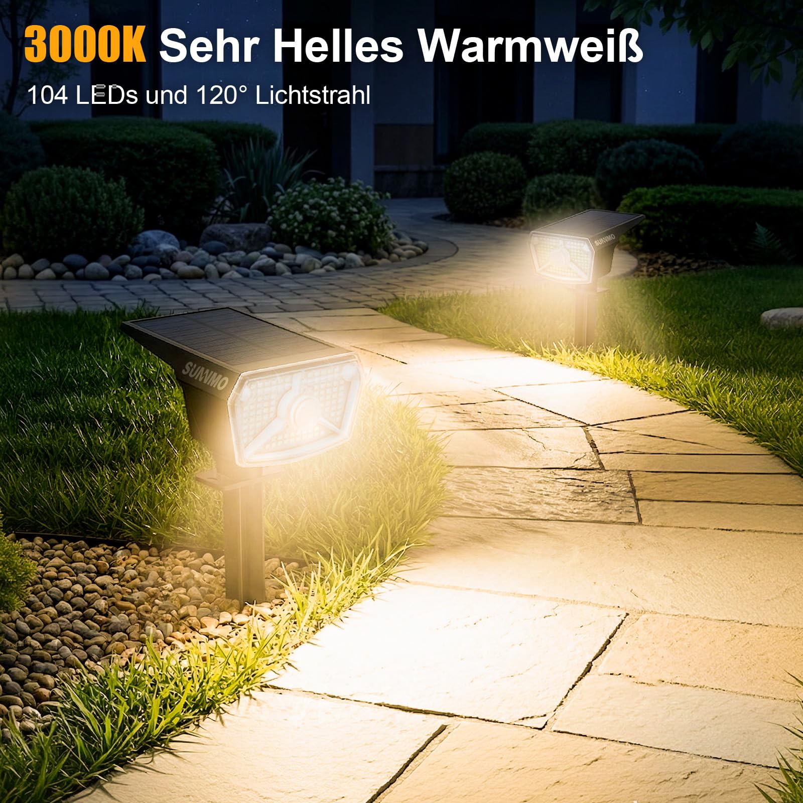 Solarlampen für Außen mit Bewegungsmelder, Solarleuchten Garten 104 LED 3Modi Wetterfest IP65 Wasserdicht, Solar Gartenleuchten Solarstrahler für Außen Garten sehr Hell Warmweiß 3000K, 4 Stück