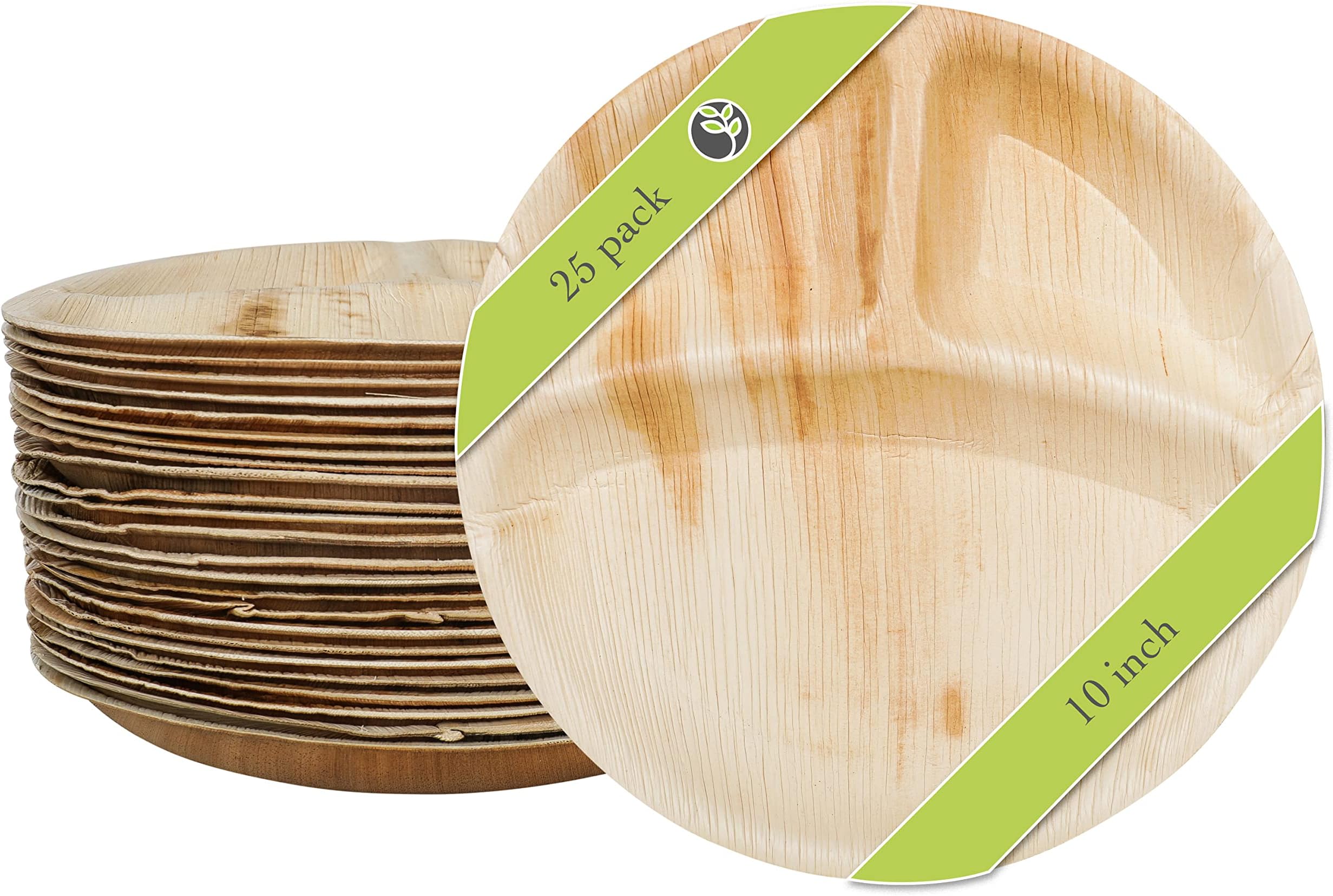 Compostable Biodegradable Plates - Palm Leaf 10 Inch, 3 Compartment Disposable Plate Set - Eco Friendly, Bamboo Style Party, Wedding, Event Plates (25 Pack)