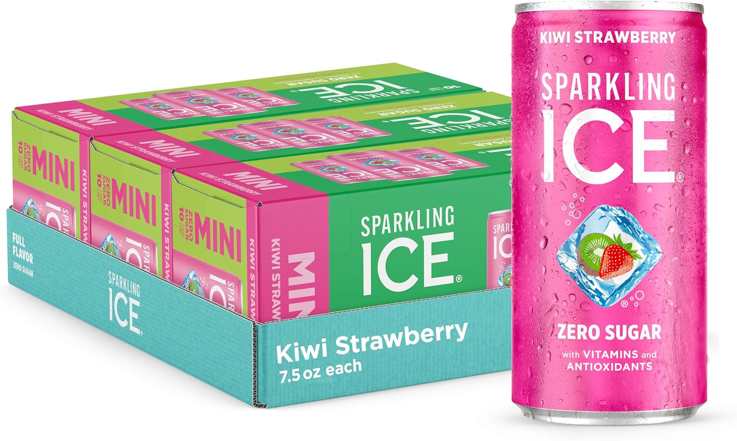 Sparkling Ice Kiwi Strawberry Sparkling Water, with Antioxidants and Vitamins, Zero Sugar, 7.5 fl oz Cans (3/10 Pack)