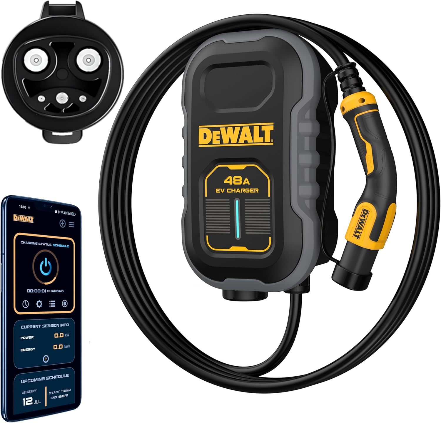 DEWALT Level 2 Compact EV Charger Hardwired NACS Charging Station for Tesla EVS, 48A 240V with App Control Bluetooth Wi-Fi, Indoor/Outdoor Wall Mount EV Charging Station, 20 Ft Cable, CSA Certified