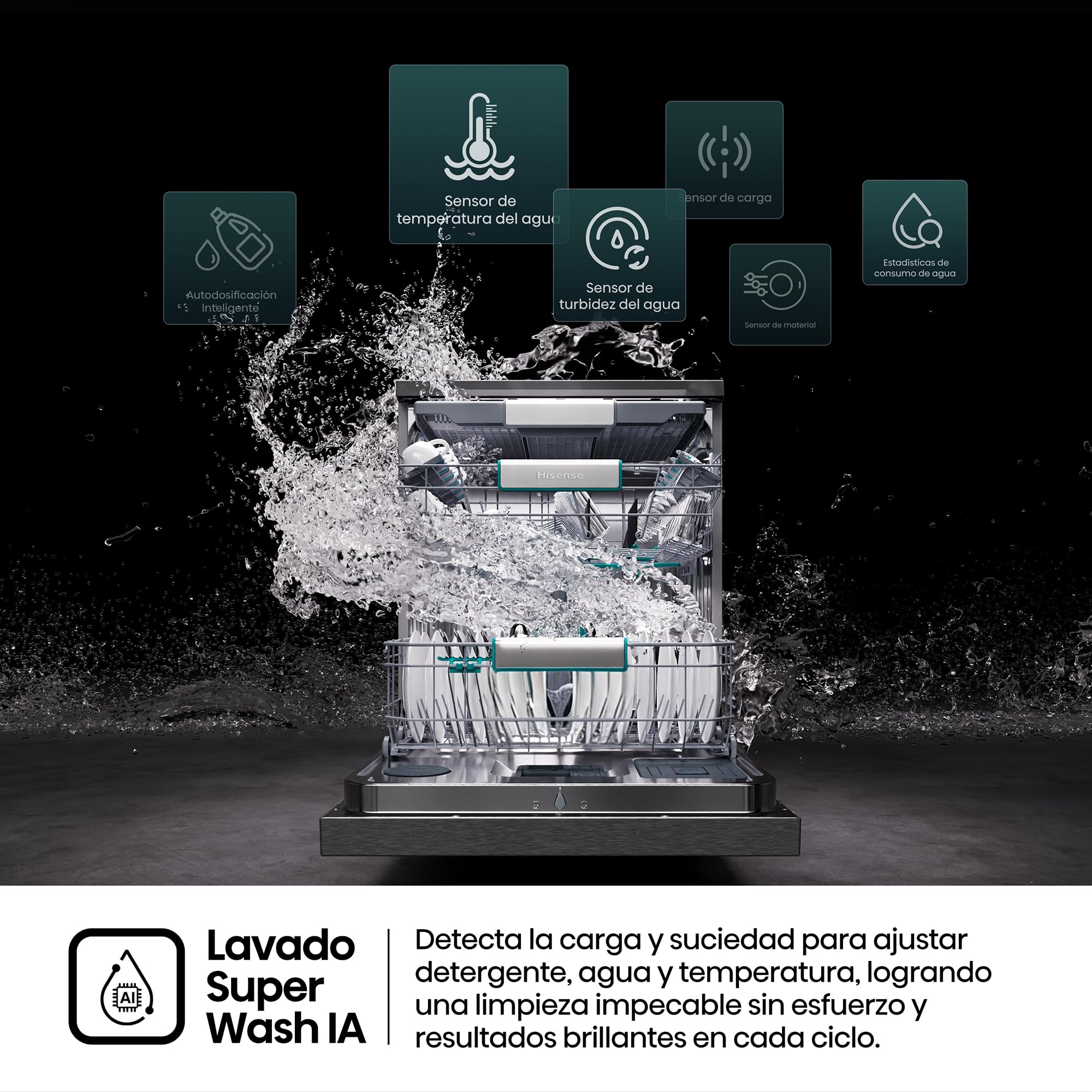 Hisense HS693A90ADBX - Lavavajillas Clase A, 16 Servicios, Fondo 60cm, Pantalla TFT Vision Plus 6.86", Super Wash IA, Programa ECO IA, Secado All Dry, Media Carga Auto, Tercera Bandeja, Inox
