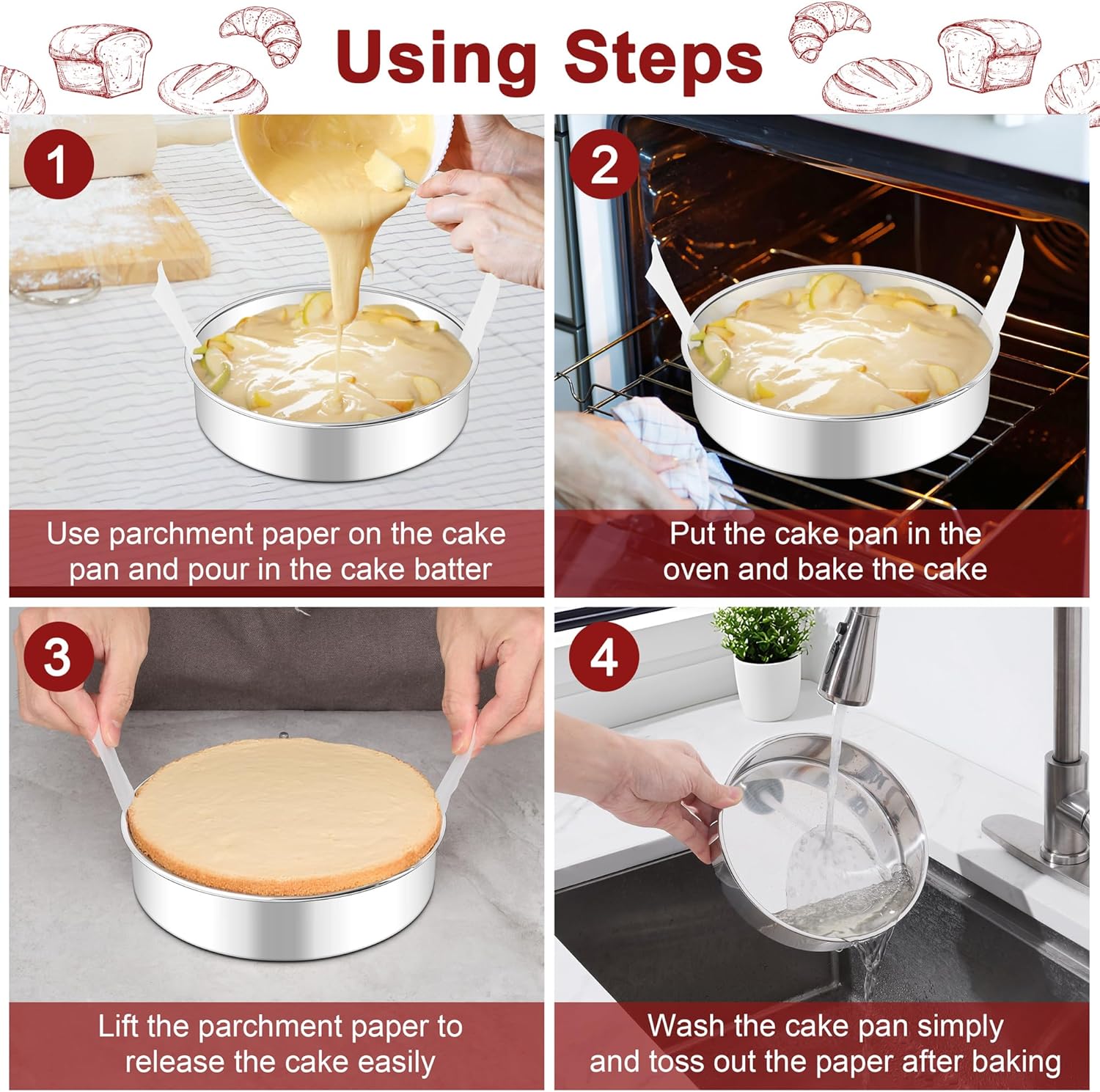 LIANYU 8 Inch Round Cake Pan Set of 2, Stainless Steel Baking Pans with 60 PCS Parchment Paper, Metal Circle Layer Cake Tins for Birthday Christmas Party, Oven & Dishwasher Safe - Image 4