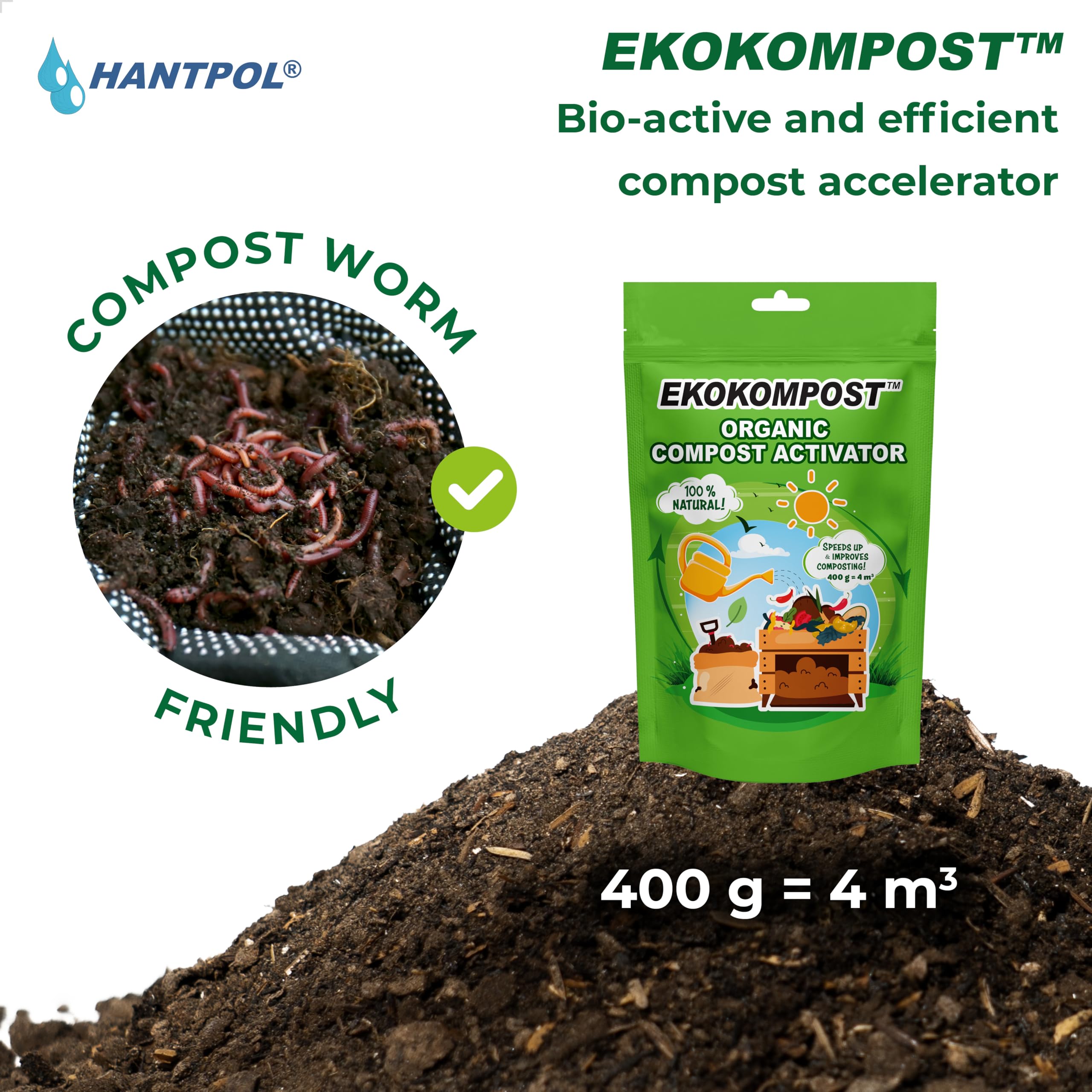 EKOKOMPOST przyspieszacz kompostowania - Naturalny mikrobiologiczny środek wspomagający kompostowanie -Pożyteczne bakterie i grzyby - 2x 400g na 8000 litrów/8m3 kompostu