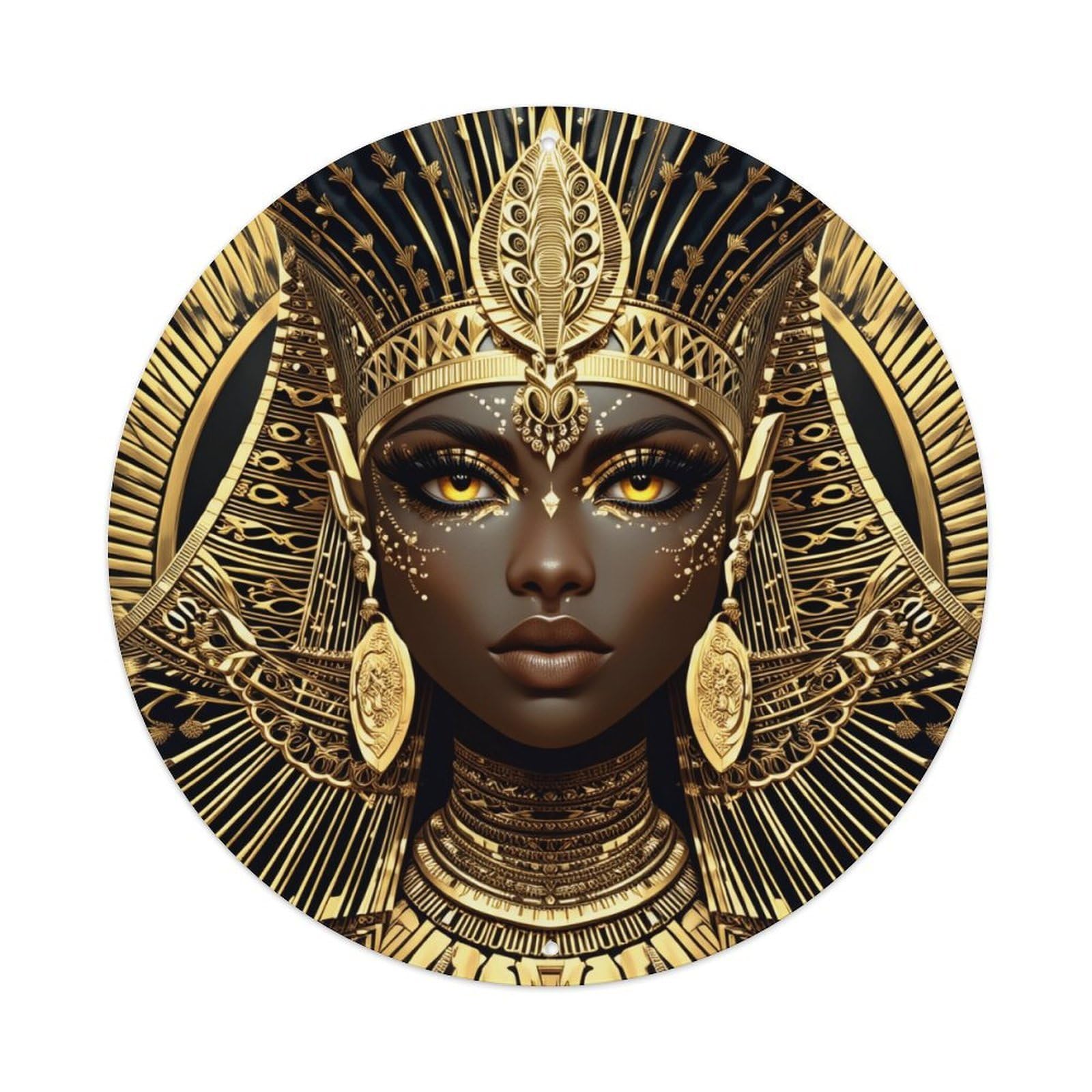 Golden Egyptian Queen Headdress Pattern Round Tin Sign Vintage Metal Poster, Home Bar Garage Man Cave Cafe Indoor & Outdoor Wall Decoration 8x8Inches