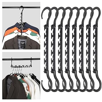Space Saving Hangers, 8 Pack Black Heavy Duty Plastic Closet Hangers Space Saving, Hanger Organizer for Closet Organizers and Storage, Collapsible Magic Hangers Space Saver (Black)