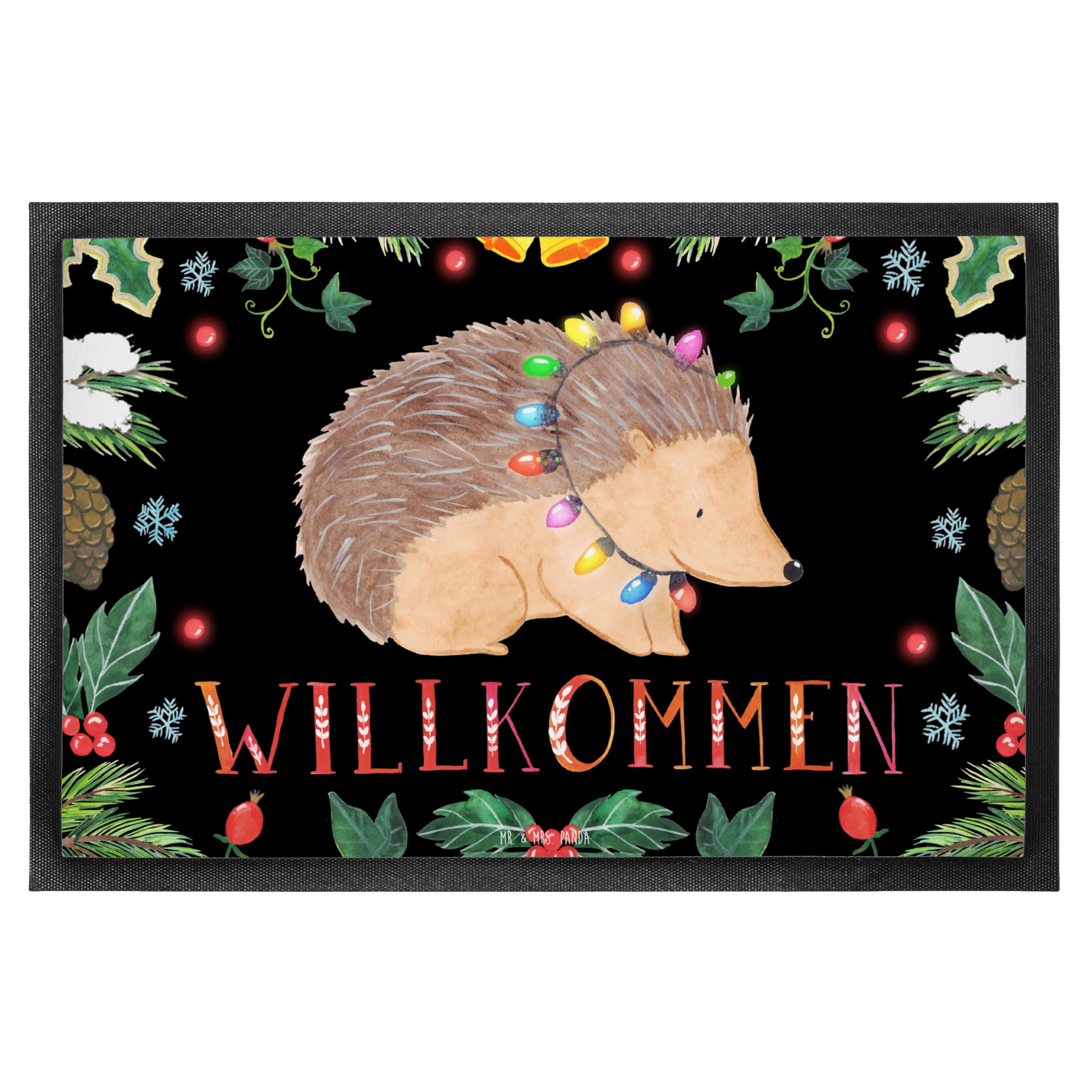 Mr. & Mrs. Panda 50 x 75 cm Fußmatte Igel Lichterkette - Geschenk, Heiligabend, Haustürmatte, Advent, Wintermotiv, Fußabstreifer, Weihnachtsdeko,