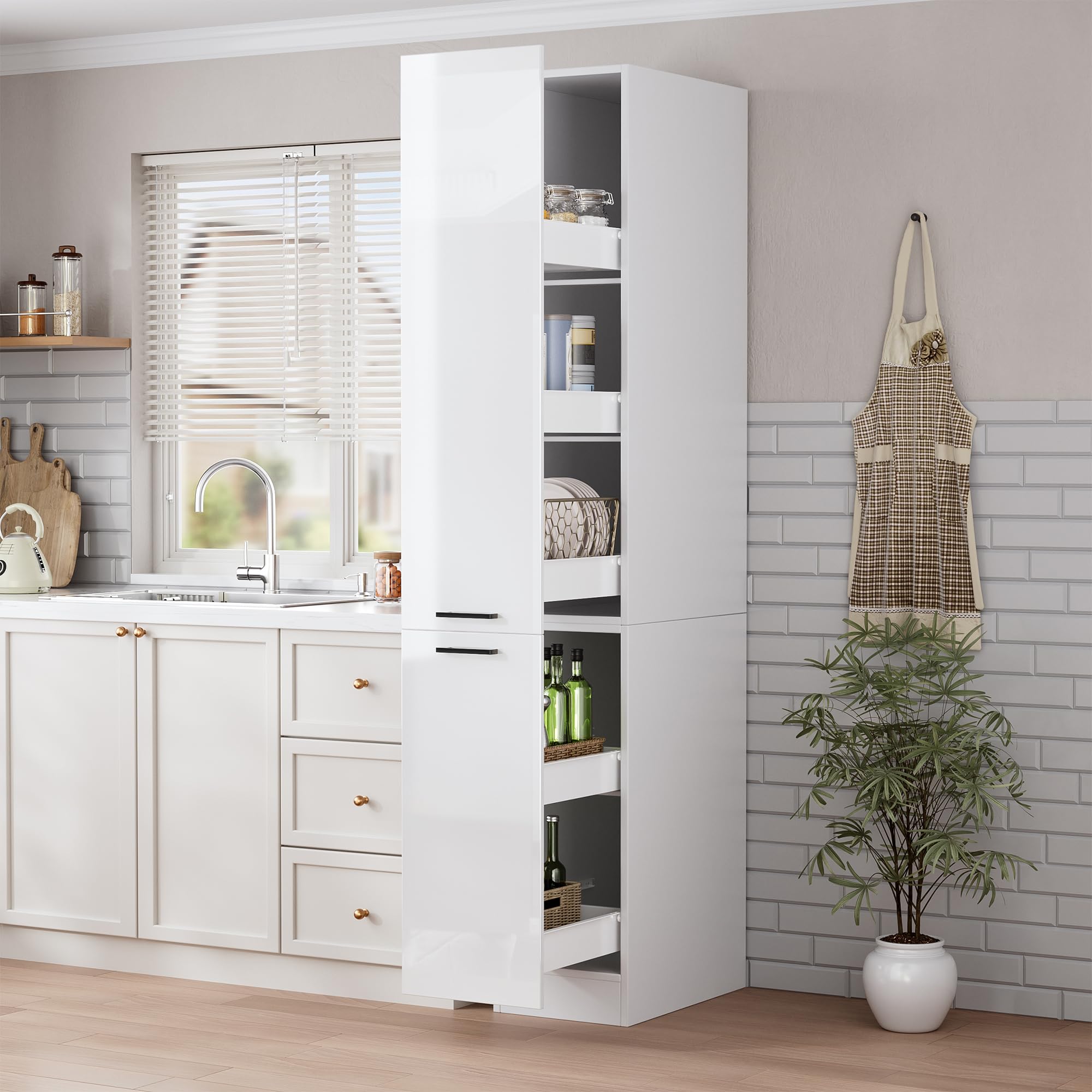 MSFE 207cm Meuble Haute de Cuisine, Meuble de Rangement Mince étroit à Tiroirs Coulissants,Moderne pour Pharmacie de Cuisine, Armoire Cuisines,207 * 56 * 30cm,Beaucoup d'espace de Rangement,Blanc bri