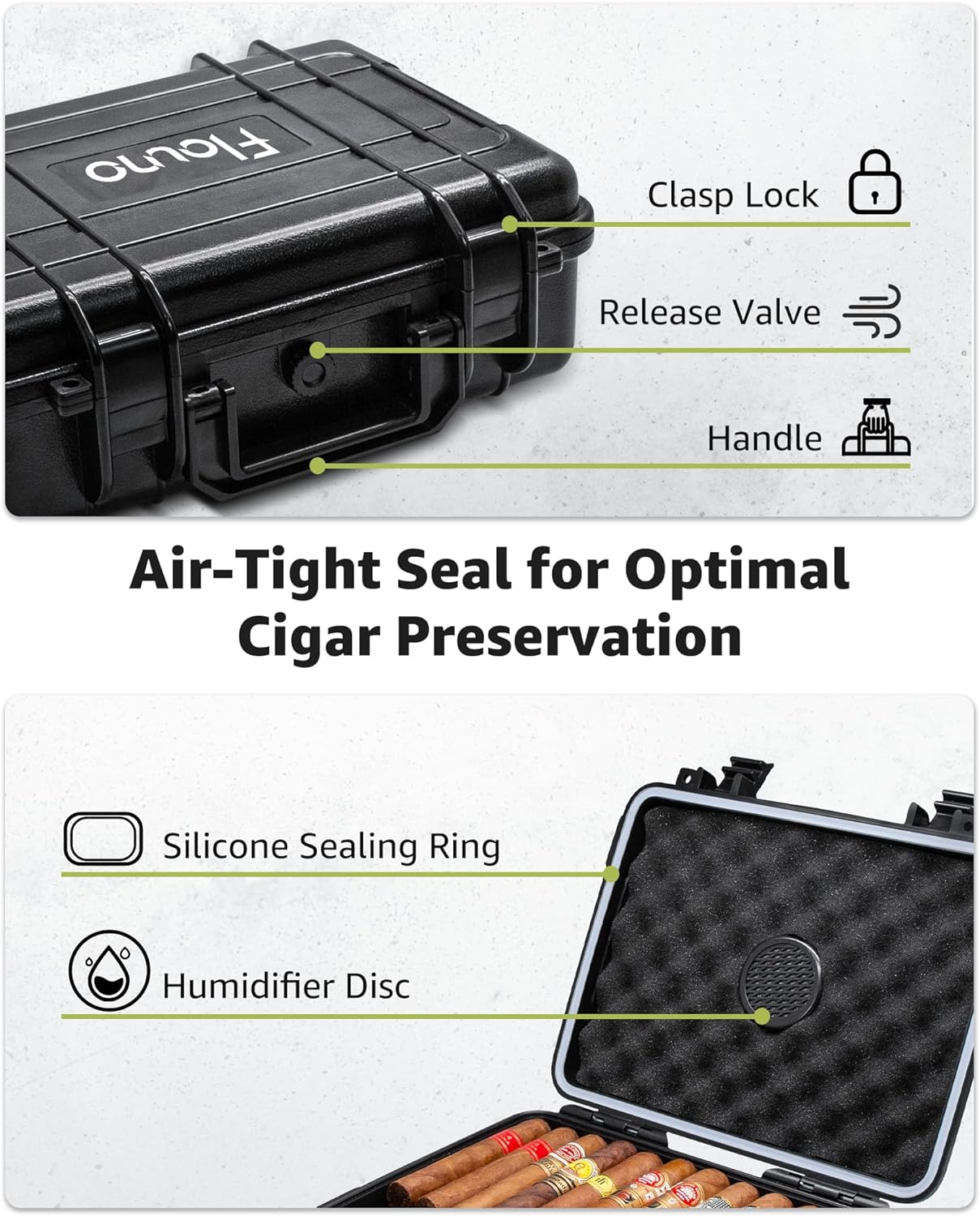 Flauno Travel Cigar Humidor - Large Portable Travel Humidor kit with Humidifier, Cigar Cutter, Cigar Punch, Cigar Holder, Waterproof & Crushproof, Airtight Seal Cigar Case, Holds up to 36 Cigars
