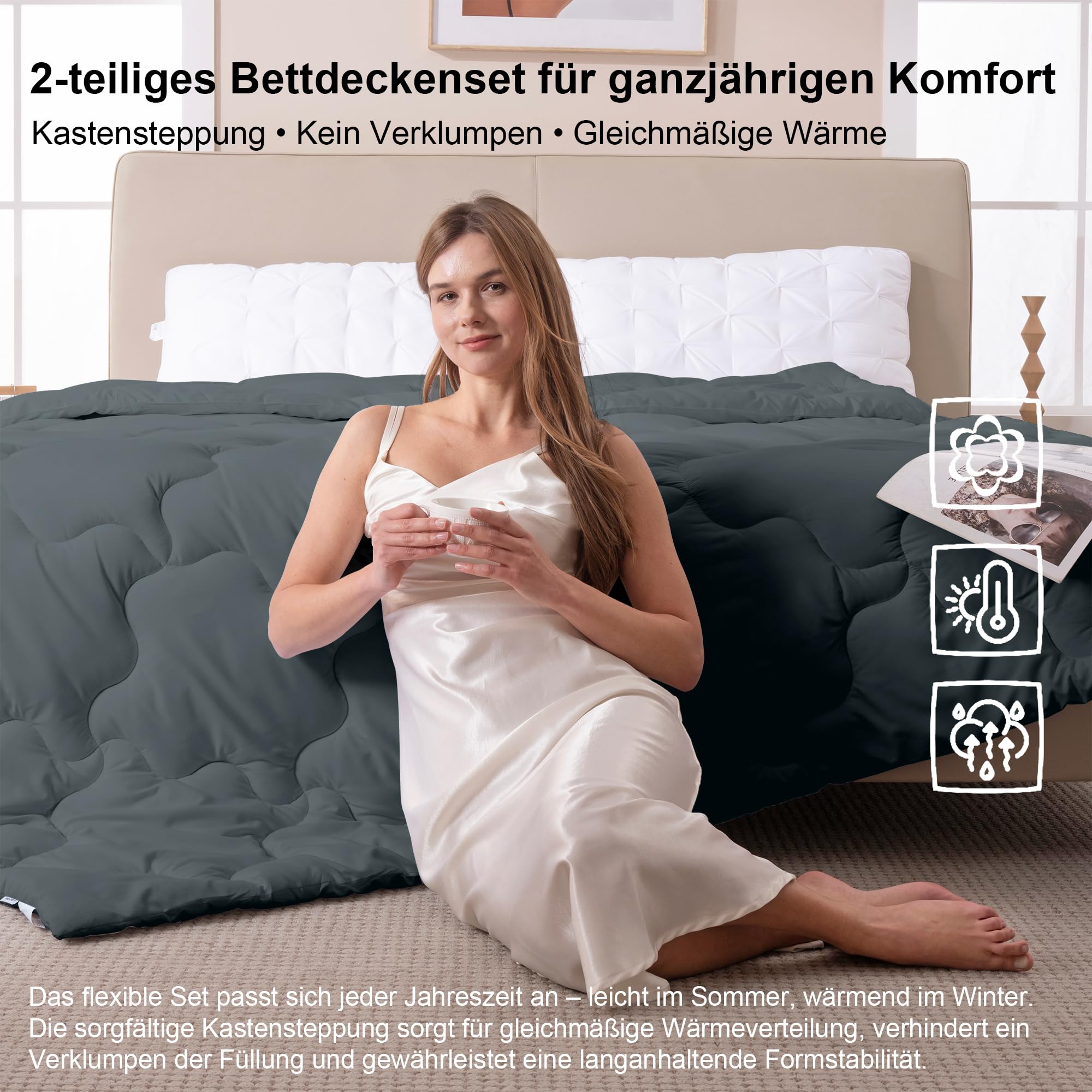 Waxberry 4 Jahreszeiten Bettdecke 135x200, 2 Teilig Set - Winterdecke 450gsm - Ganzjahresdecke 300gsm + Sommerdecke 150gsm, Weiche Steppdecke Waschbar Anti-Allergisch, Dunkelgrau - 5