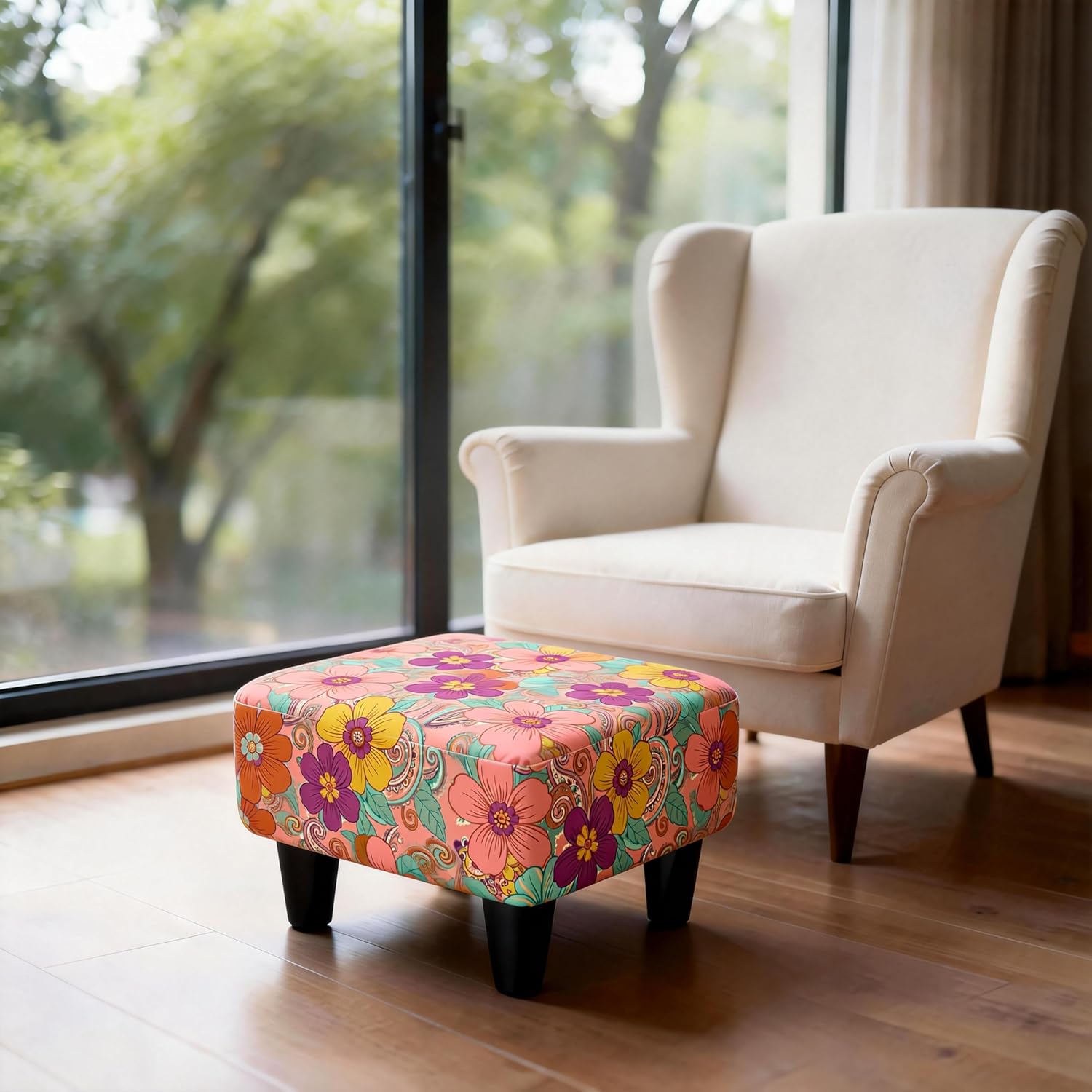 Printed Linen Ottoman Style Foot Rest Small Square Footstool with Removable Legs Funky Colorful for Living Room Entryway Shoe Changing, Unique Accent Ottoman Chair Foot Stool