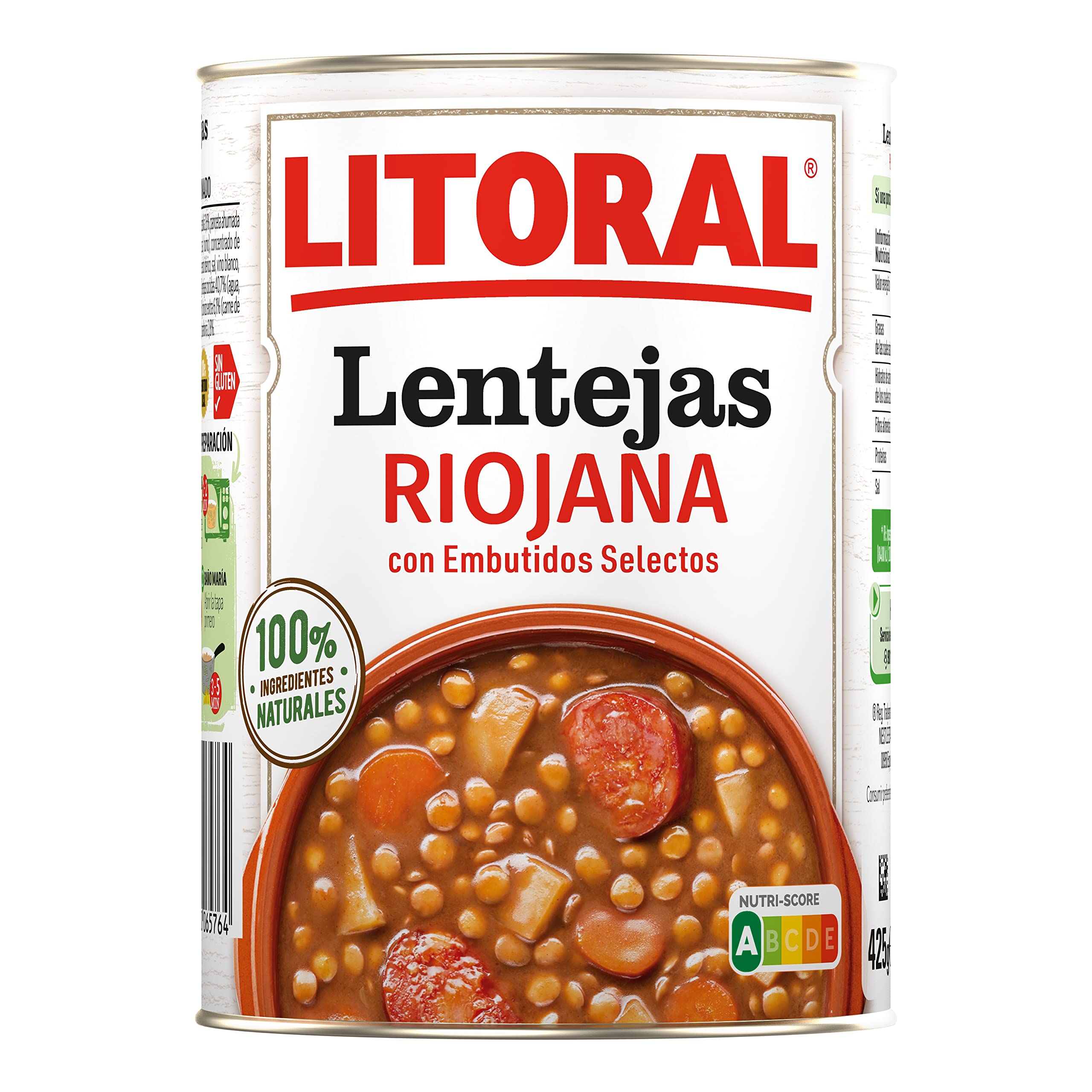 LITORAL Lentejas Riojana - Plato Preparado Sin Gluten - Pack de 6x425g - Total: 2.55kg