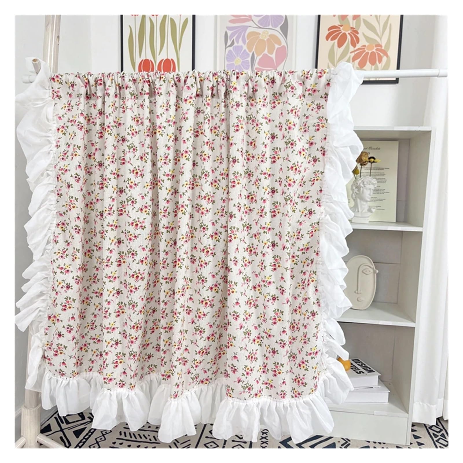 DFGRGRV Ruffle Curtains Sweet Lace Pink Plaid Short Curtains Rural Blue/Orange/Green Lattice Ruffles Half Cloth for Kitchen(MULTI,W140 X H100 CM)