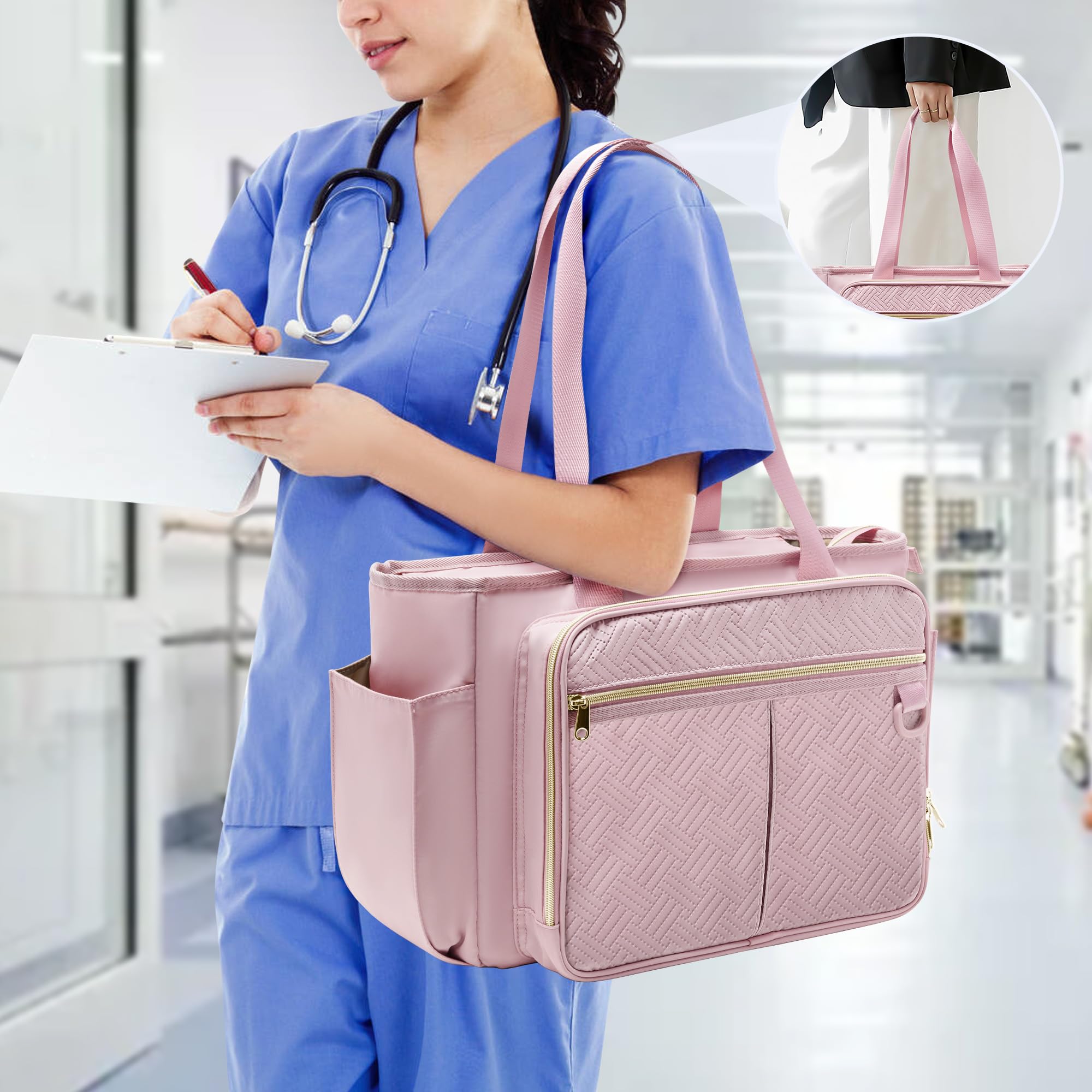 Bolsa de Mano para Enfermeras para Mujer, Bolsa Clínica de Enfermería con Organizador de Archivos en Acordeón, Accesorios de Enfermería para el Trabajo y la Atención Médica en el Hogar, Rosa