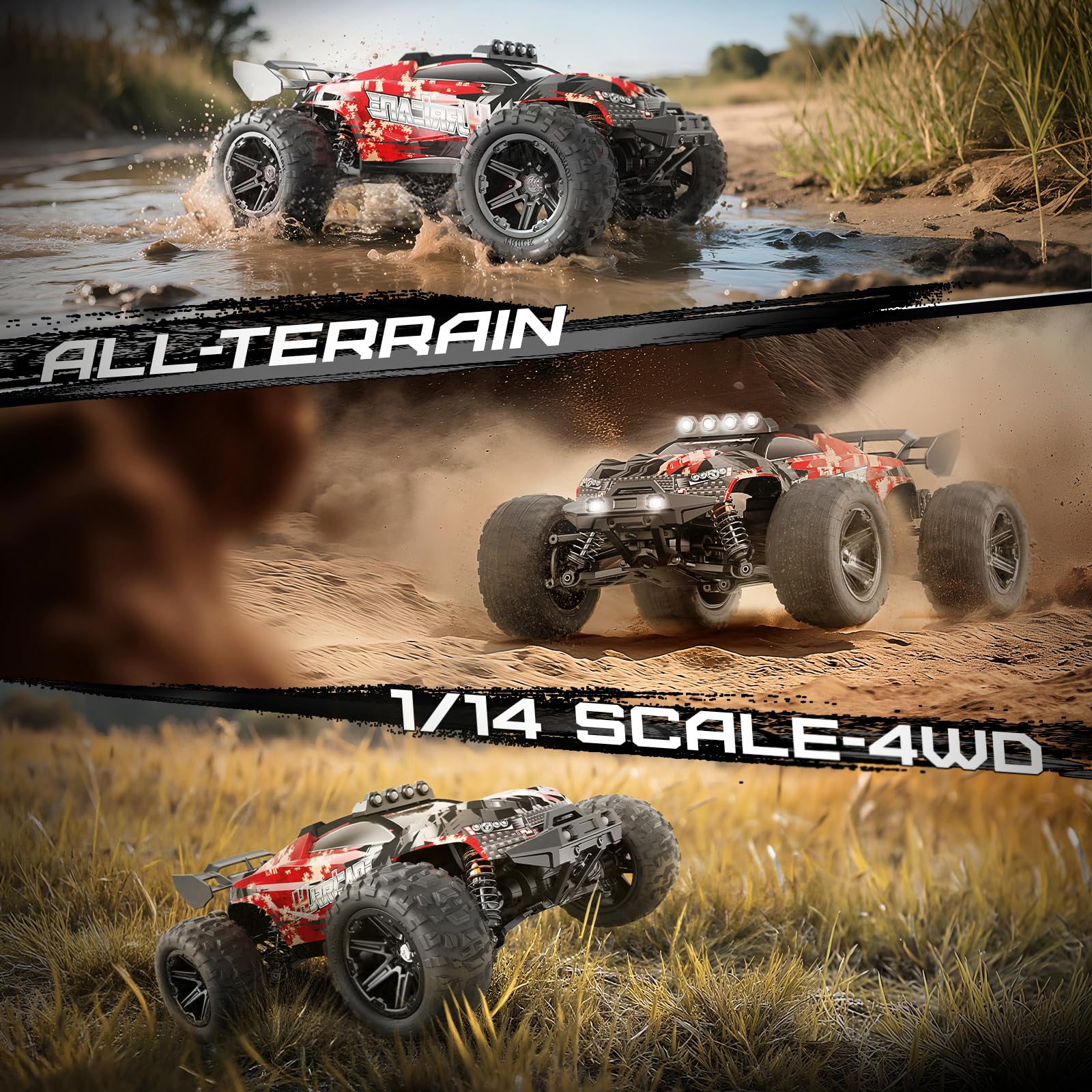YESHIN Voitures RC 1:14 pour Adultes, Camion Monstre Électrique Tout-Terrain Max 40 km/h, Voiture RC Haute Vitesse Imperméable 4WD Télécommandée avec 2*Batterie, Rouge
