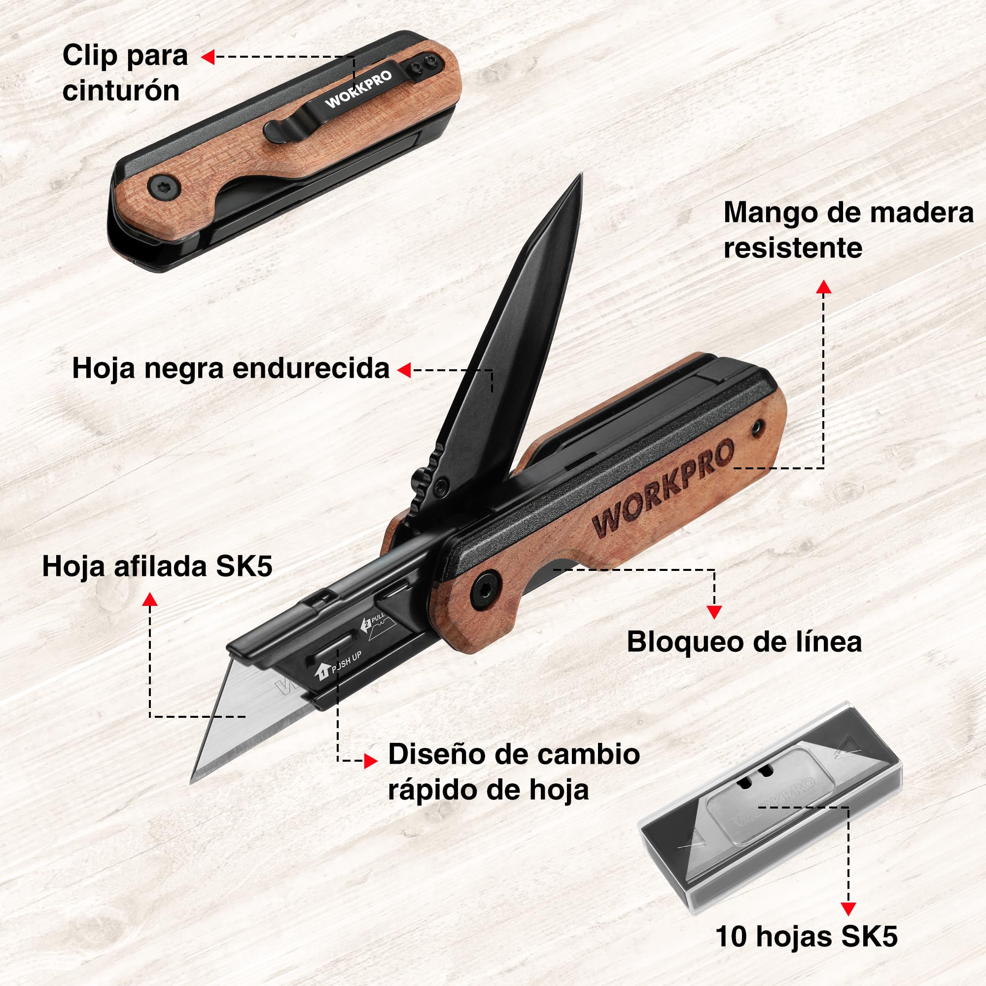 WORKPRO Cuchillo Plegable y Navaja 2 en 1, Cuter Utilitario de Aluminio, Navaja con Mango de Madera y Clip para Cinturón, Cambio Rápido, con 10 Cuchillas SK5 Extra