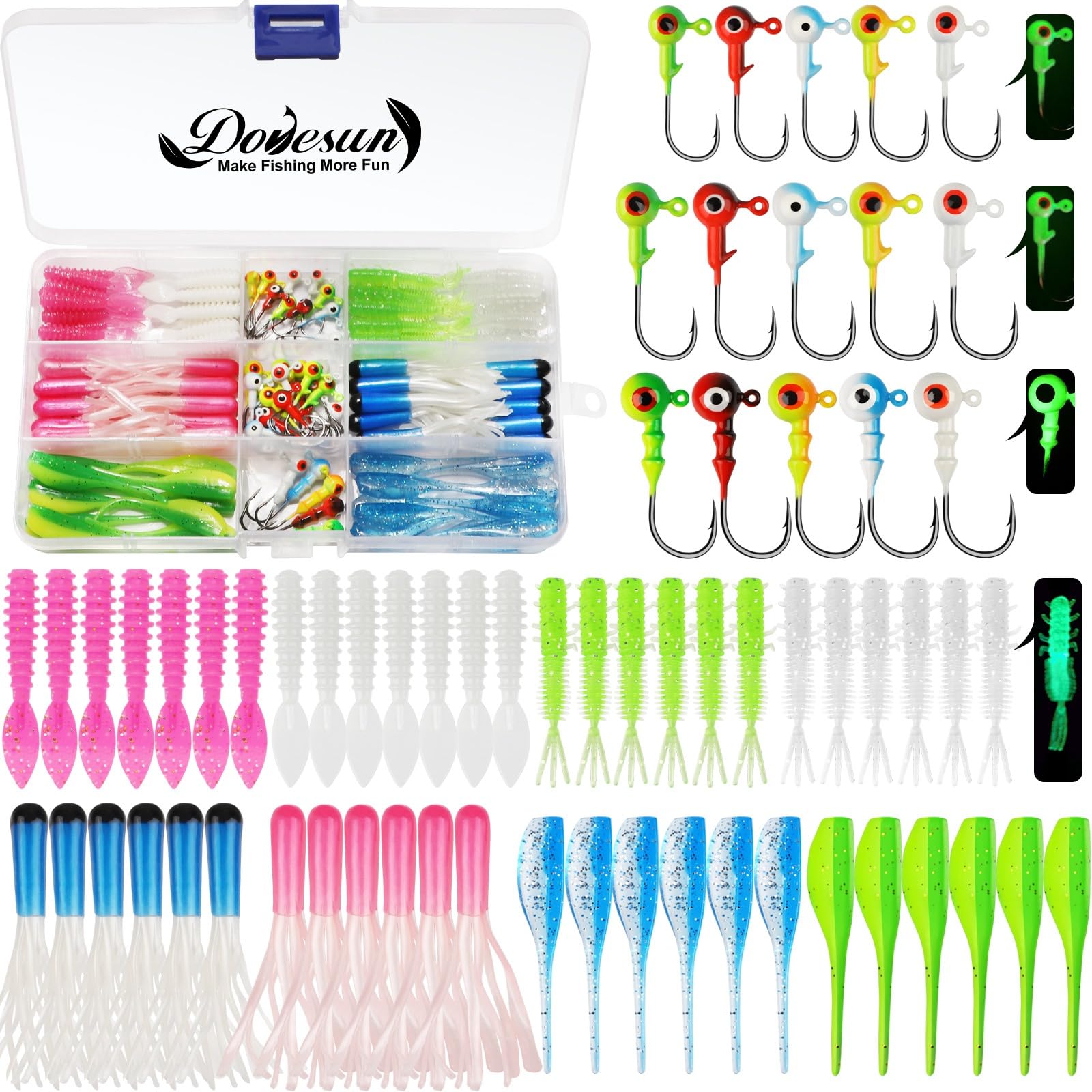Dovesun 110pcs Crappie Lures with Jig Heads Hooks Kit- Soft Plastic Grubs-Tubes Bait 80Pcs 0.8g 1.75g 3.5g 30Pcs Crappie Jigs Fishing Lures Kit for Saltwater Freshwater Fishing /(120PCS-95PCS)