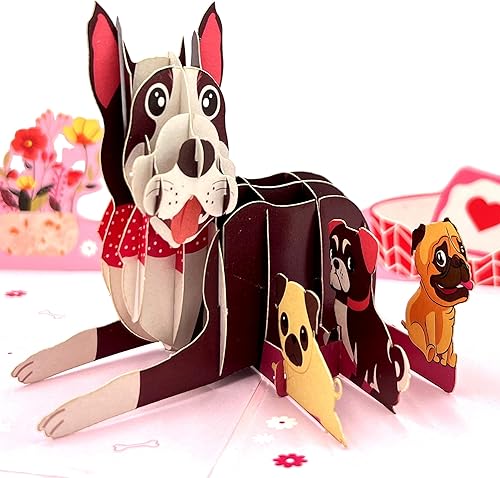 Tarjeta de felicitación desplegable 3D A Bulldog Mom and her Puppies tamaño 5 x 7 pulgadas incluye una tarjeta de notas y sobre a juego