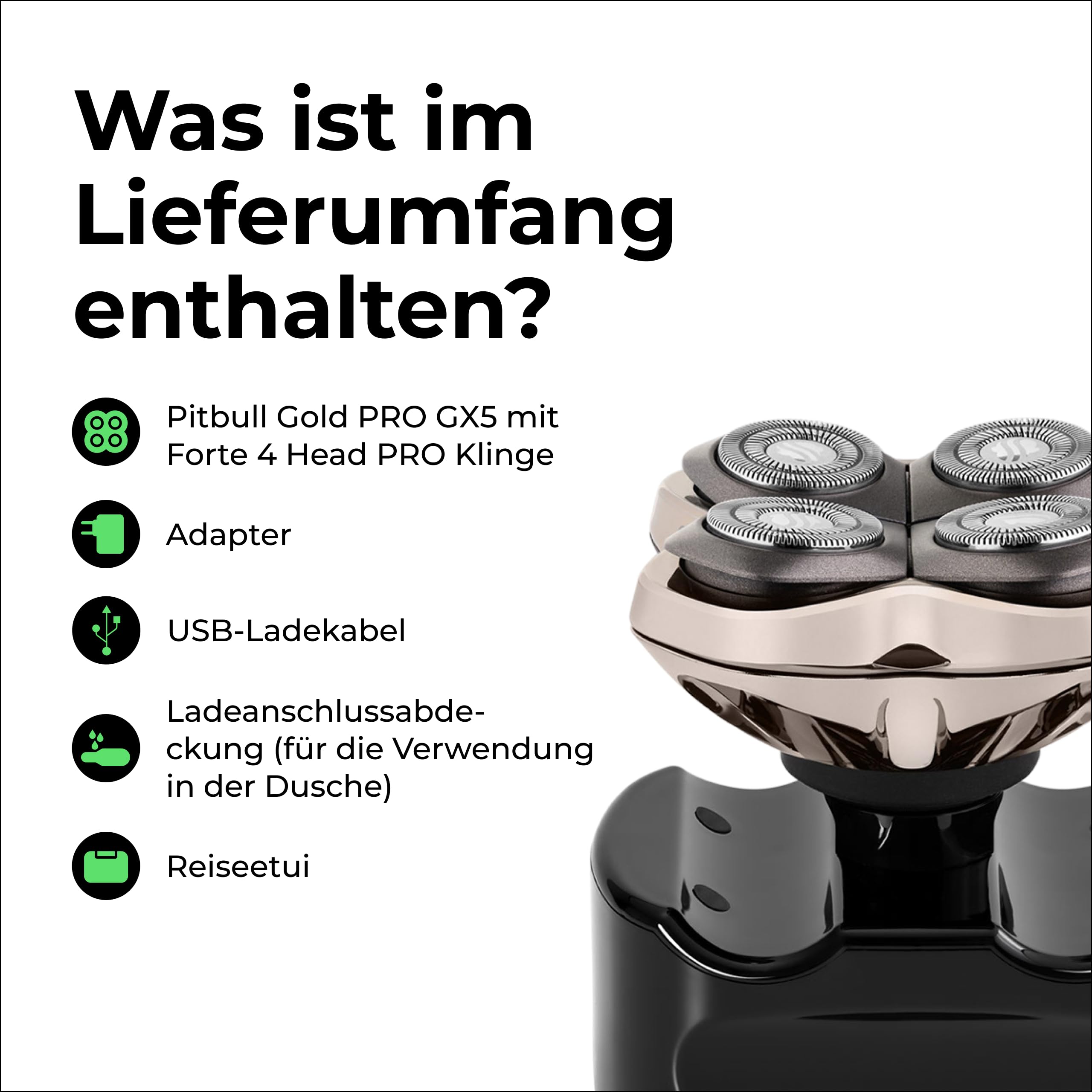 Skull Shaver Pitbull Gold Pro GX5 - Kopf- und Gesichtsrasierer - Kabellos, Nass- & Trockenrasur, Wasserfest, Reisetauglich - Forte Pro Klinge