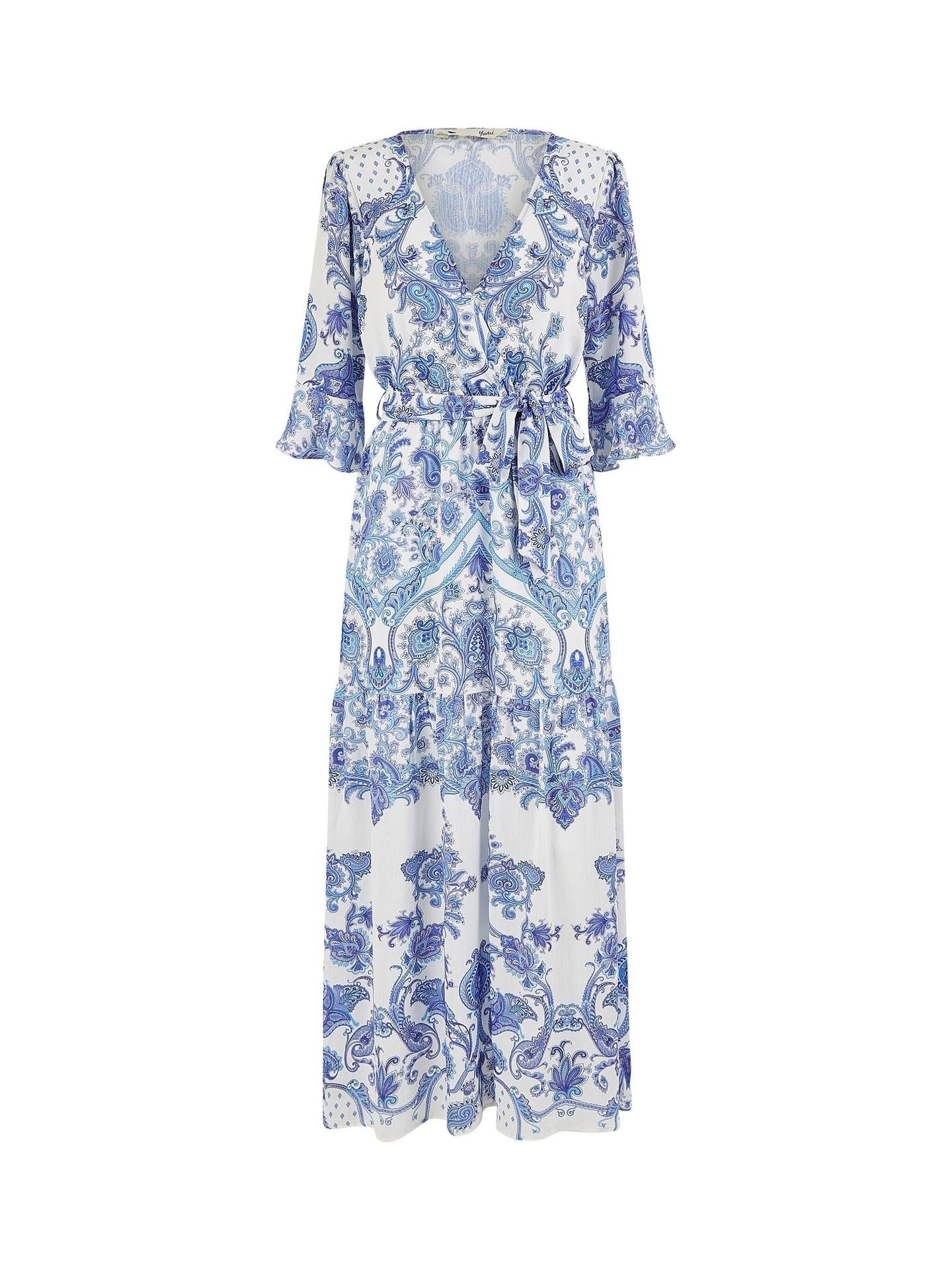 Yumi Women's Blue Paisley Wrap Midi Dress With 3/4 Sleeves | Size: 12