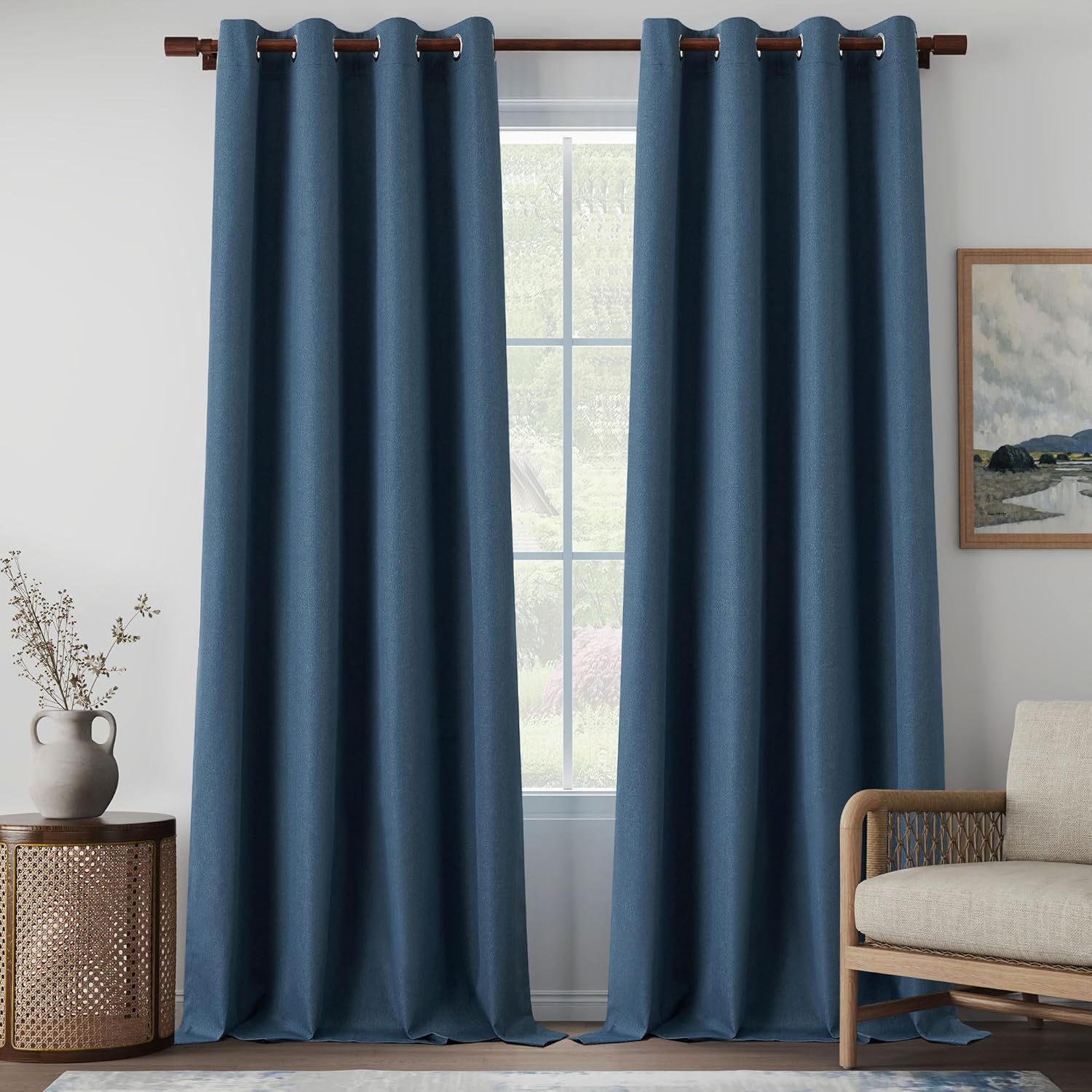 Full Blackout Linen Curtains 102 Inches Long, 100% Light Blocking Noise Reducing Patio Door Curtains, Floor to Ceiling Farmhouse Drapes for Dining Room, Denim Blue, W52 x L102, 2 Panels Denim Blue 52"W x 102"L (Pack of 2)