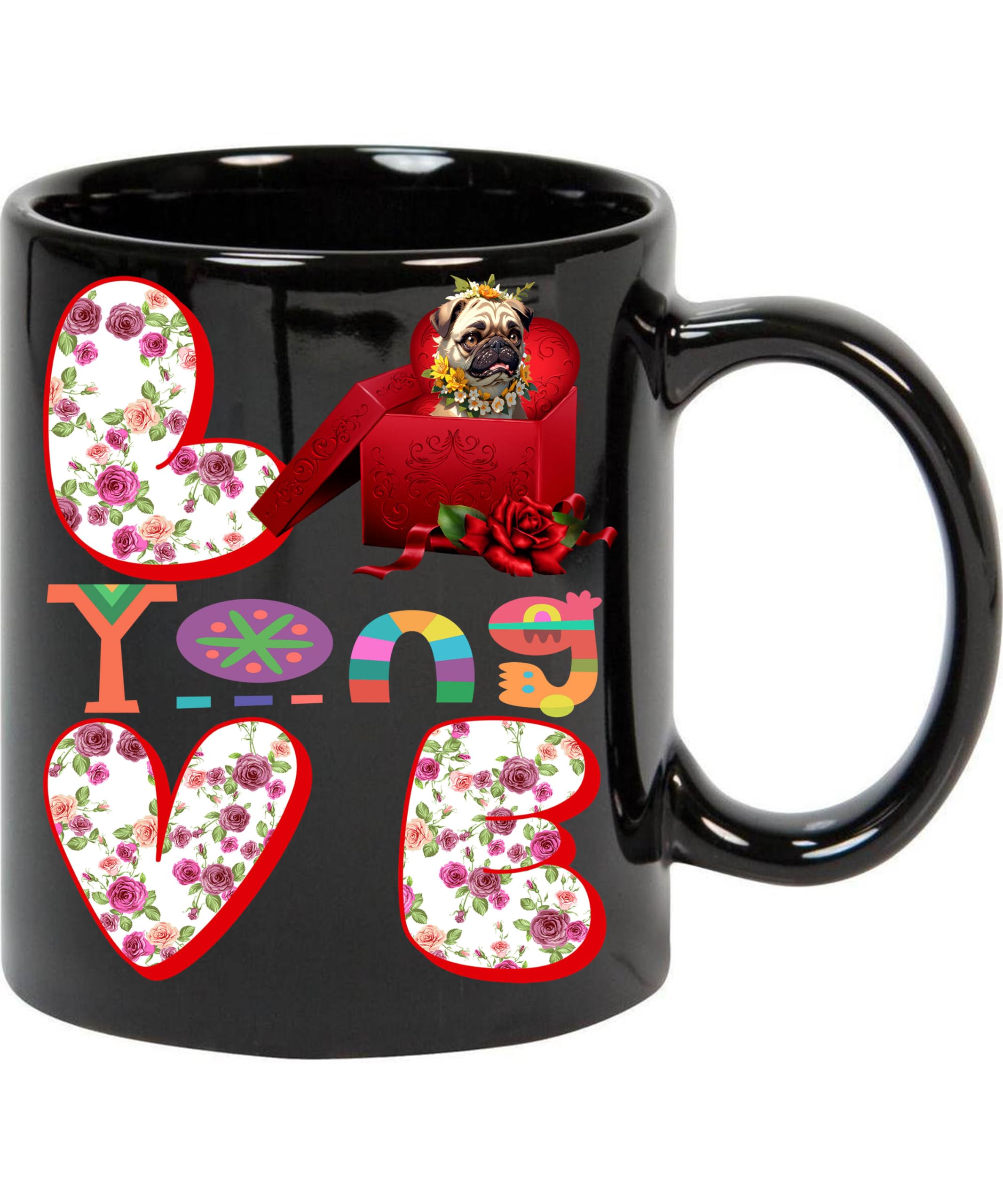 Custom Dog Mug Love Yong Name Custom Dog Mug Pug Dog Coffee Cup Personalized Mug with Name, Custom Pet Birthday Gift for Pug Dog Lover 11oz Black Mug 11oz Black MugCoffee Mug 080131