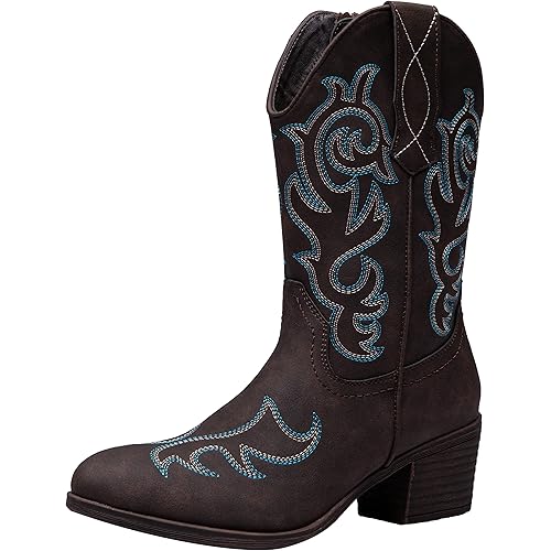 Vepose Women's Cowboy Boots 9800|Mid Calf Cowgirl|Western Embroidered Pull-on Boots for Ladies