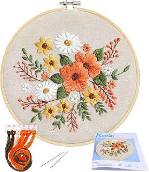 KISSBUTY Embroidery Kit with Pattern, Bamboo Hoop, Color Threads, Floral Pattern Flowers, for Kid