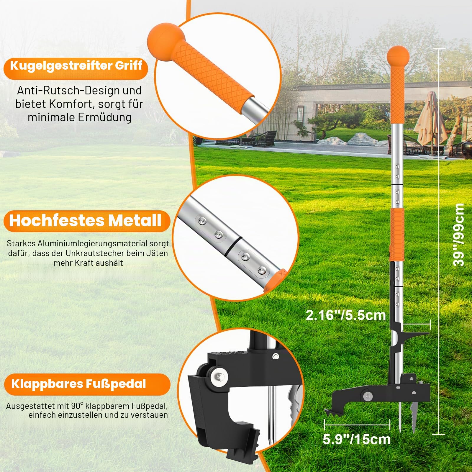 Unkrautstecher, Stand-Up Unkrautentferner mit Stiel, Unkrautzieher mit 4 Krallen, Gartenjäterwerkzeug mit Ergonomischem 99cm Langem Griff, Robustes Gartenwerkzeug-Werkzeug ohne Bücken oder Knien