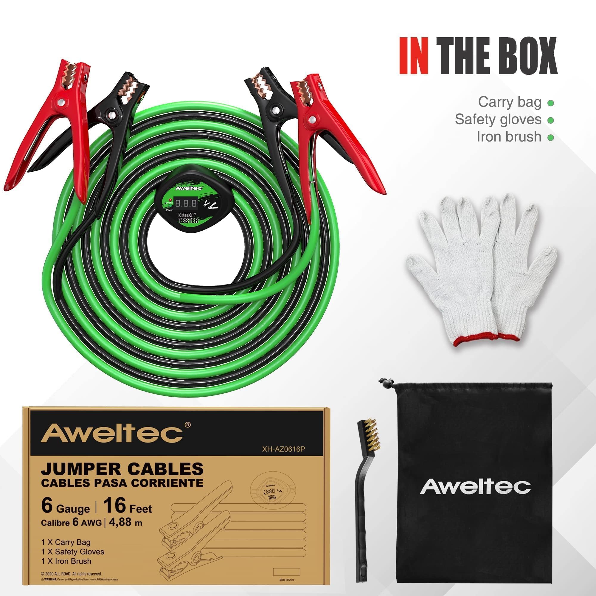 Cables de puente de calibre 6 de 16 pies con protector inteligente, cable de refuerzo de batería resistente con protección de polaridad inversa, bolsa de transporte, guantes de seguridad y