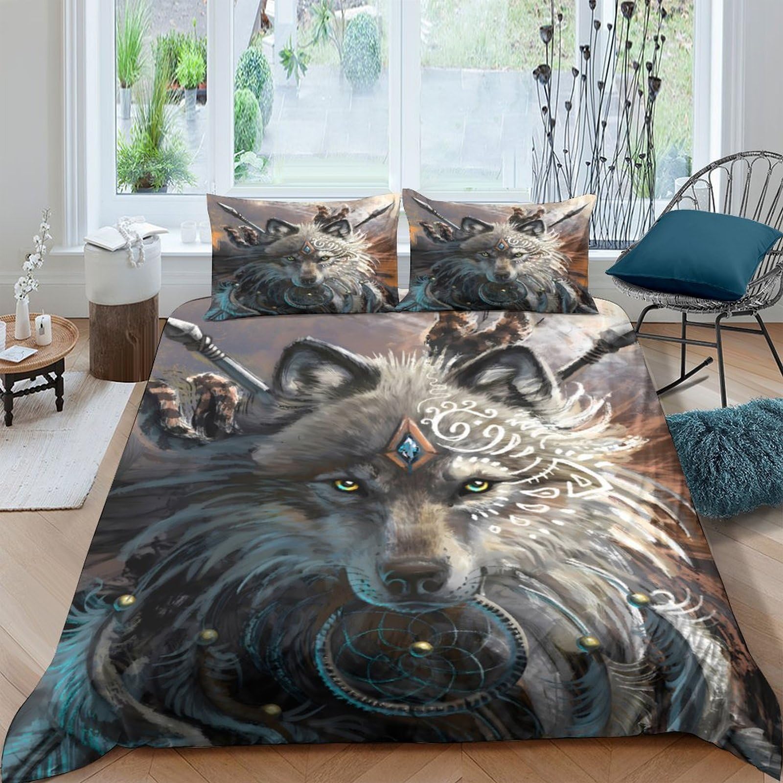 Ctjqhvkz Style-4 3D Printed Wolf Spirit Fitted Sheet Microfiber Soft Non-Slip Night Forest Bed Cover For Adults Teens Bedroom Decor Single（135X200cm）