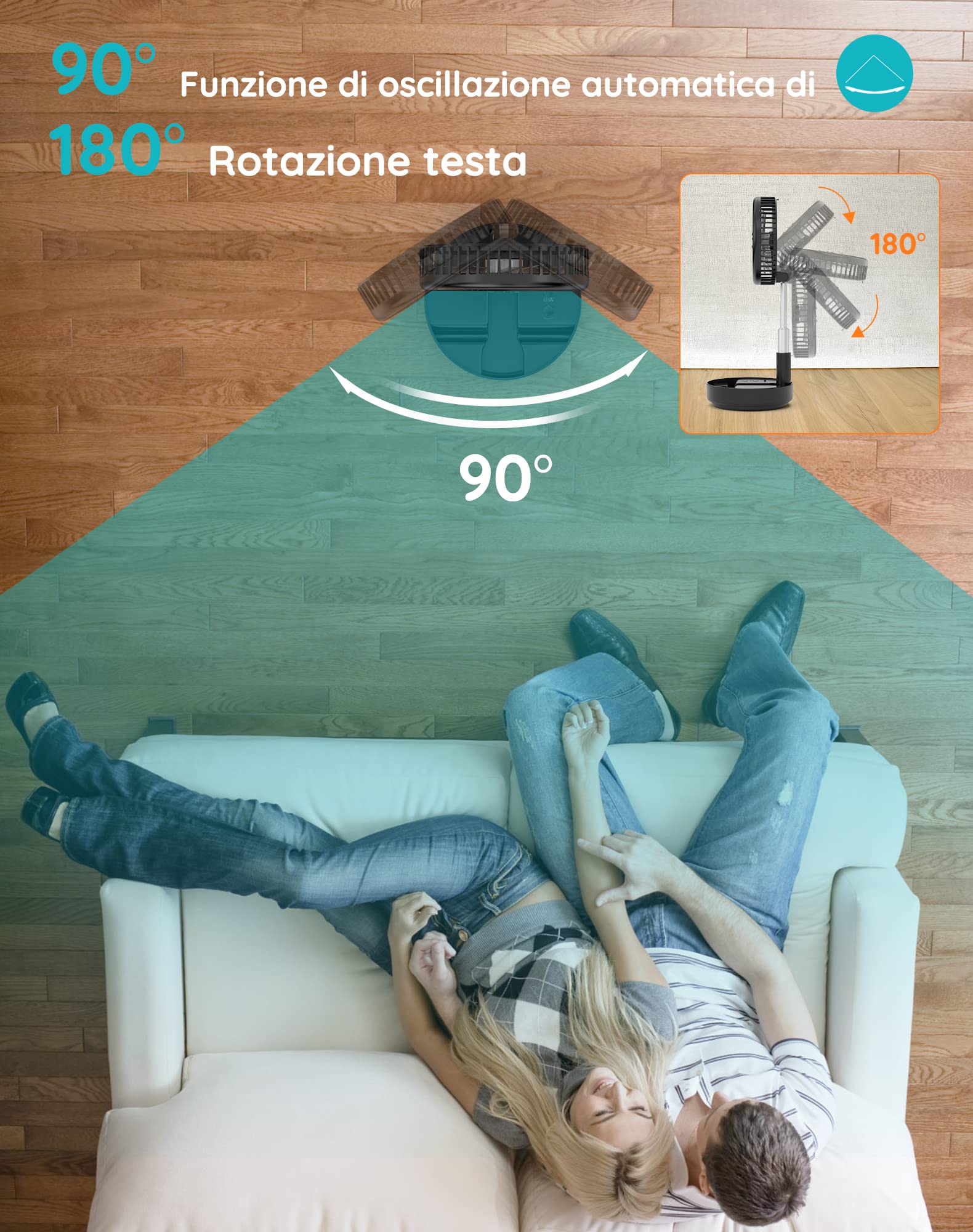 Primevolve Ventilatore oscillante portatile, Ventilatore a piantana con telecomando,Ventilatore portatile da tavolo USB senza fili a 4 velocità per,viaggi in camera da letto campeggio 8" (Nero)