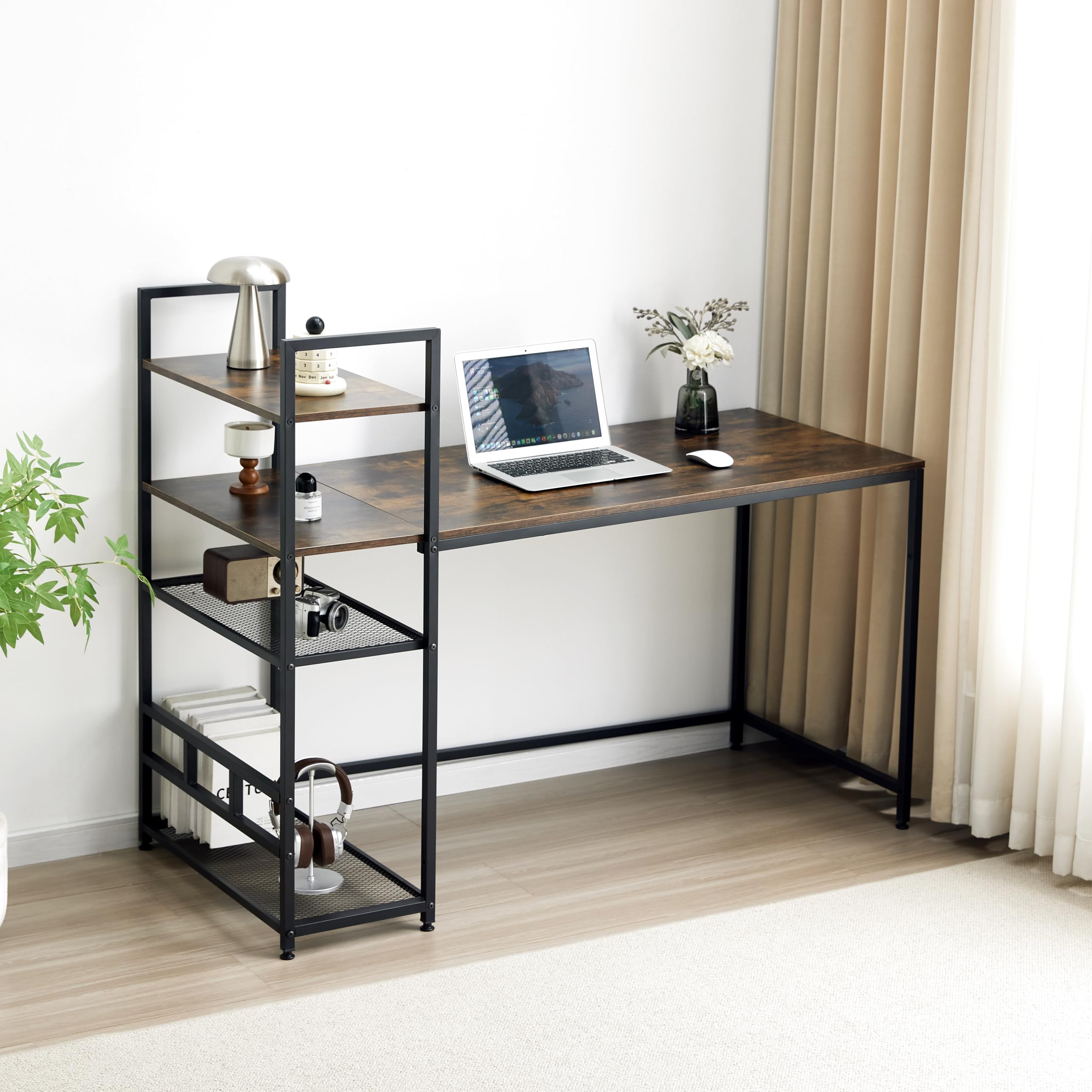 Garvis Schreibtisch 120x60 cm (110 cm Hoch) – 3-Tier Aufsatzregal – PC Tisch Rustic/Schwarz