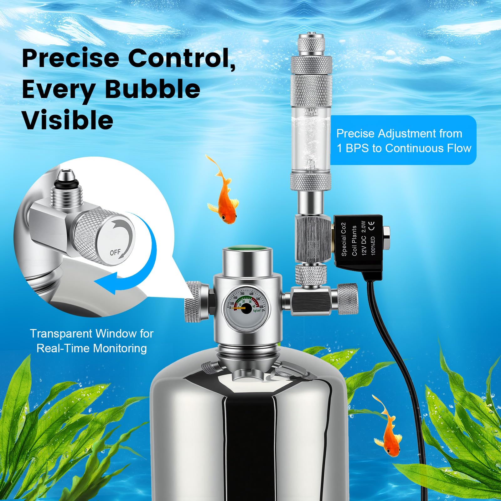 Sistema de reactor de dióxido de carbono de 2 L con regulador y válvula de aguja, generador de CO2 de acero inoxidable para acuario, con válvula magnética para plantas de acuario