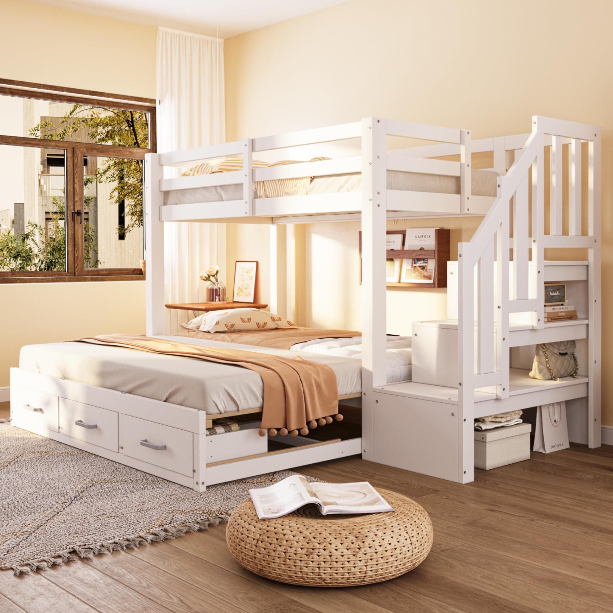 Litera de 90x200 cm con Cama Nido para 2 Personas, Cama Litera Matrimonio con 3 Cajones y Escalera Almacenaje, Cama Infantil Literas con Barandilla Anticaída y Lamas Madera, Sin Colchón, Blanco