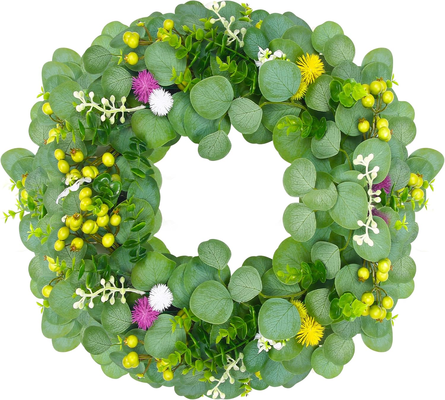 18" Green Berry Eucalyptus Leaf Wreath, Artificial Spring And Summer Wreath With Pink Purple Cones And Pomegranate Fruit Decorations Your Front Door And Windows, Suitable For Indoor And Outdoor 18 Inch-1