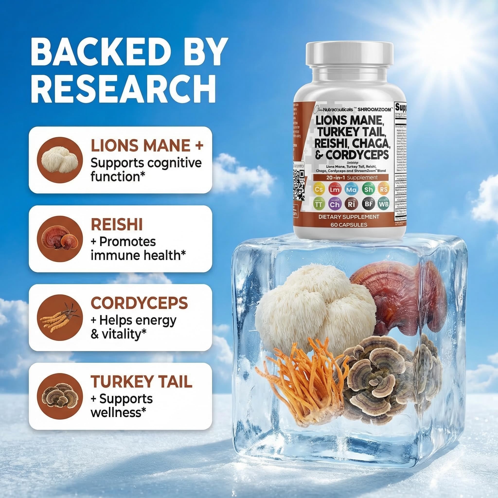 Clean Nutraceuticals Lions Mane 20in1 Mushroom Supplement with Turkey Tail Reishi Cordyceps Chaga Maitake Meshima Poria Cocos Shiitake Oyster Porcini Enoki - 1 Pack — Amazon image 2