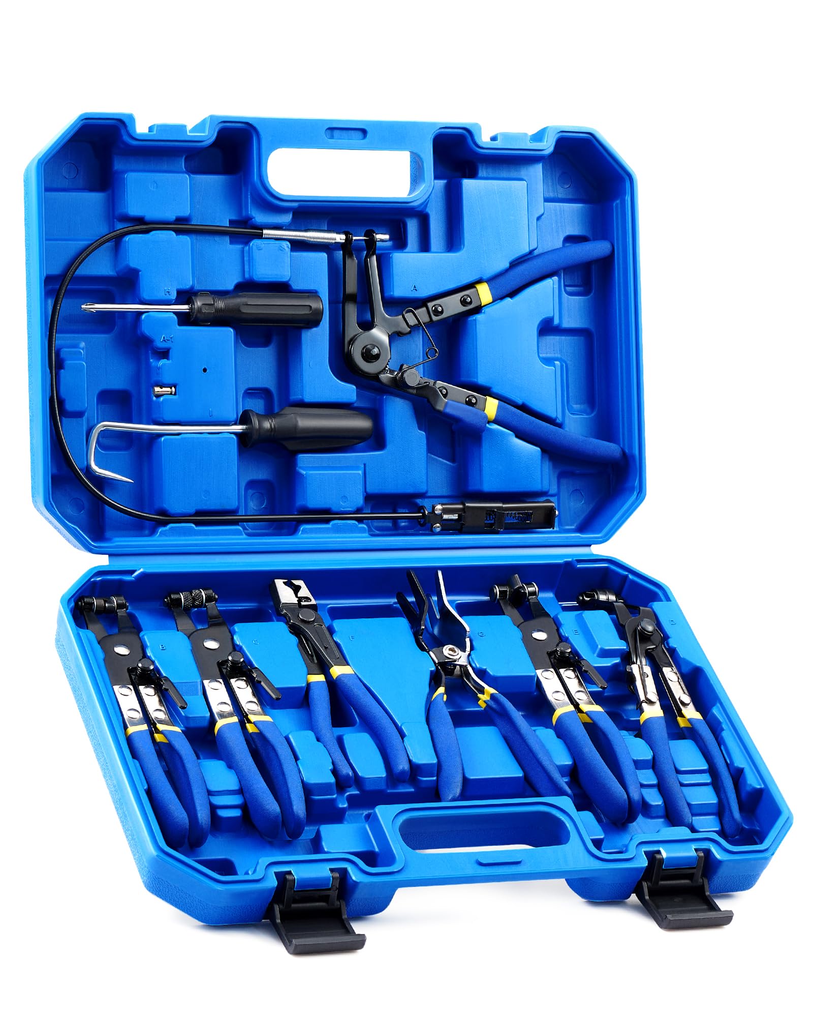 Orion Motor Tech 9-tlg. Schlauchklemmenzange Set, Profi Schlauchschellenzange Set für Kraftstoff- Öl- & Wasserschläuche, Schellenzange KFZ Werkzeug Set mit Bowdenzug für Clic-R Typ & Federbandschellen