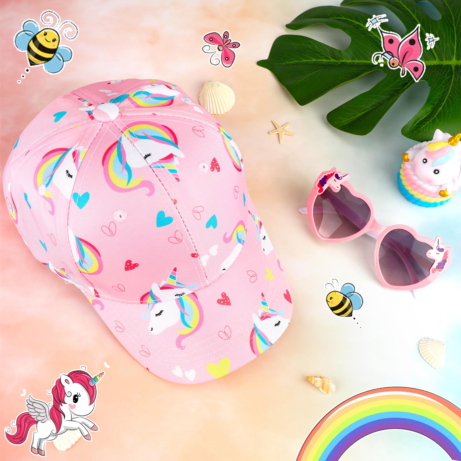 Casquettes de Baseball pour Filles Lunettes de Soleil, Licorne Casquette de Soleil Réglable Unicorn Lunettes de Soleil Baseball Cap Enfant Extérieur Visière de Sport