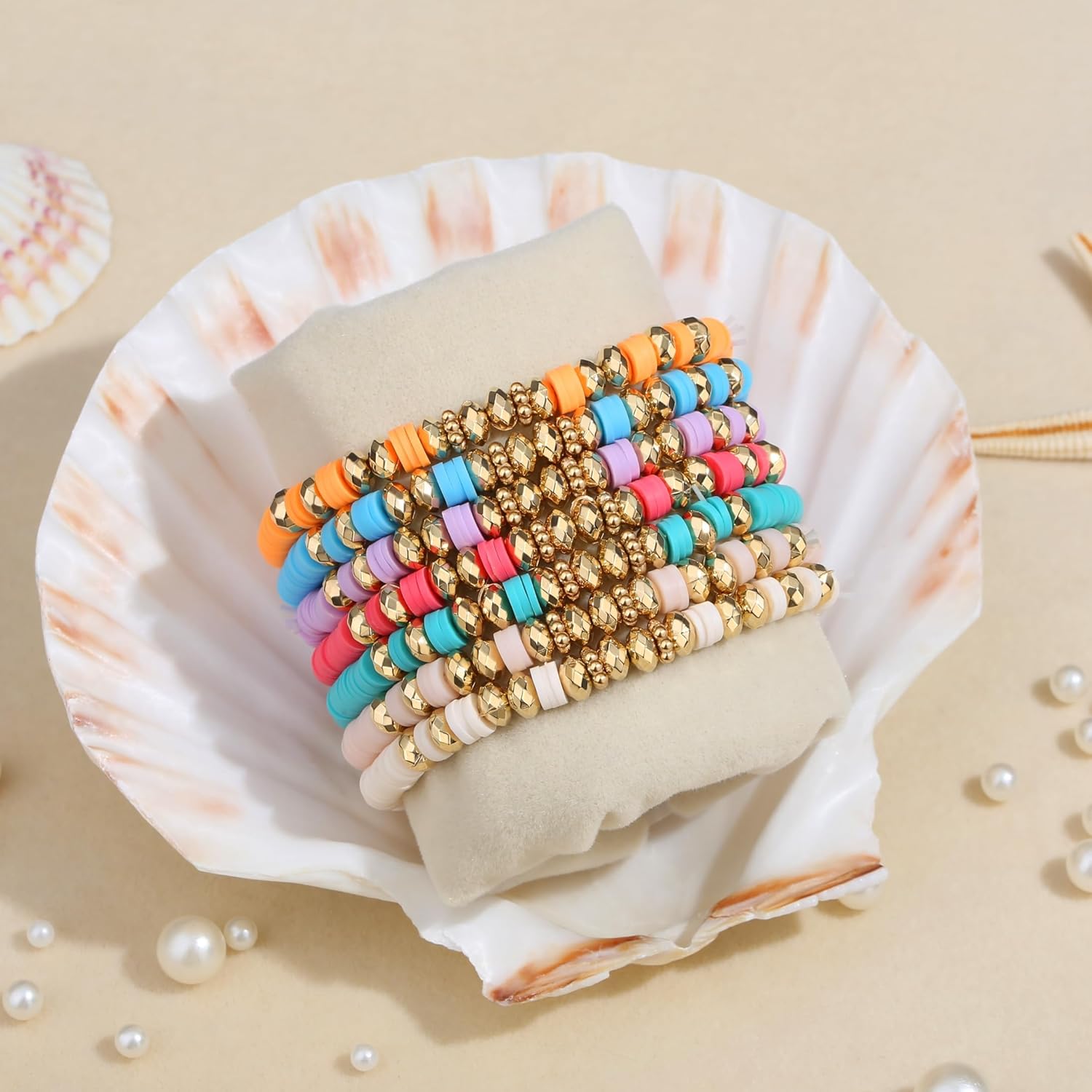 XIANNVXI 7pc Heishi Clay Bead Bracelets for Women Gold Plated Beaded Bohemian Stackable 6.8In Stretch Bracelets Elastic Layering Friendship Jewelry Boho Gift Set - Image 3