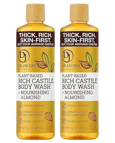 Dr Jacobs Naturals Gel de jabón líquido puro de Castilla, hidratante (miel de almendras, paquete de 2 unidades de 16 onzas, fabricado con aceites