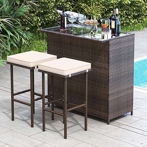 Miniatura 10 de Tangkula Juego de bar para patio, juego de 3 piezas de mimbre de ratán para exteriores con 2 cojines taburetes y mesa superior de cristal, cubierta