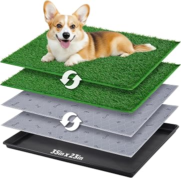 Dog Grass Pad with Tray - 35x23 Portable Dog Litter Box with 2 Pack Hemmed Edge Artificial Grass Patch + 2 Washable Reusable Pee Pads, Indoor Outdoor Fake Grass Pad for Dogs Potty