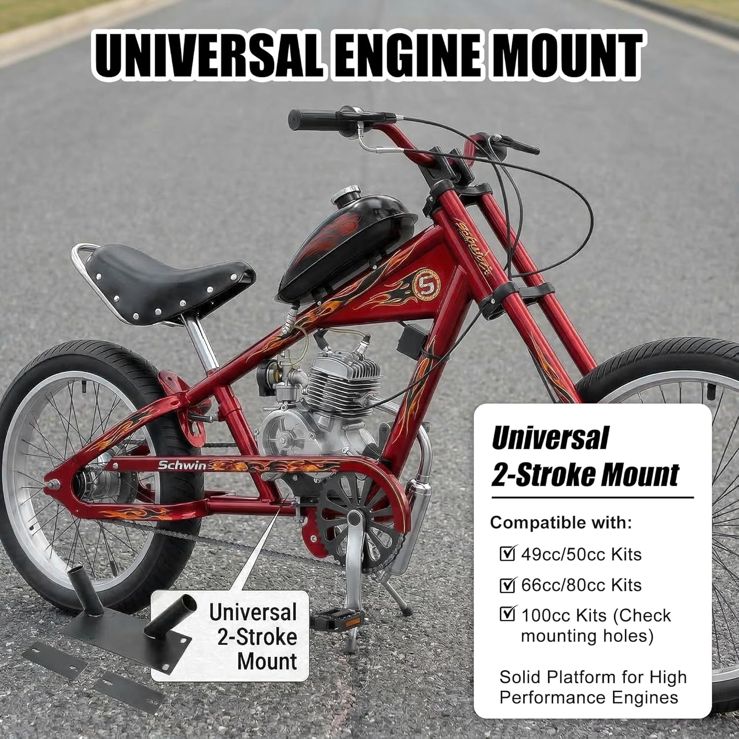 100cc 49cc 66cc 80cc OCC Chopper Gas Motor Bike Engine, 2-Stroke, Fixed Bracket, Stainless Steel, Black Powder Coating