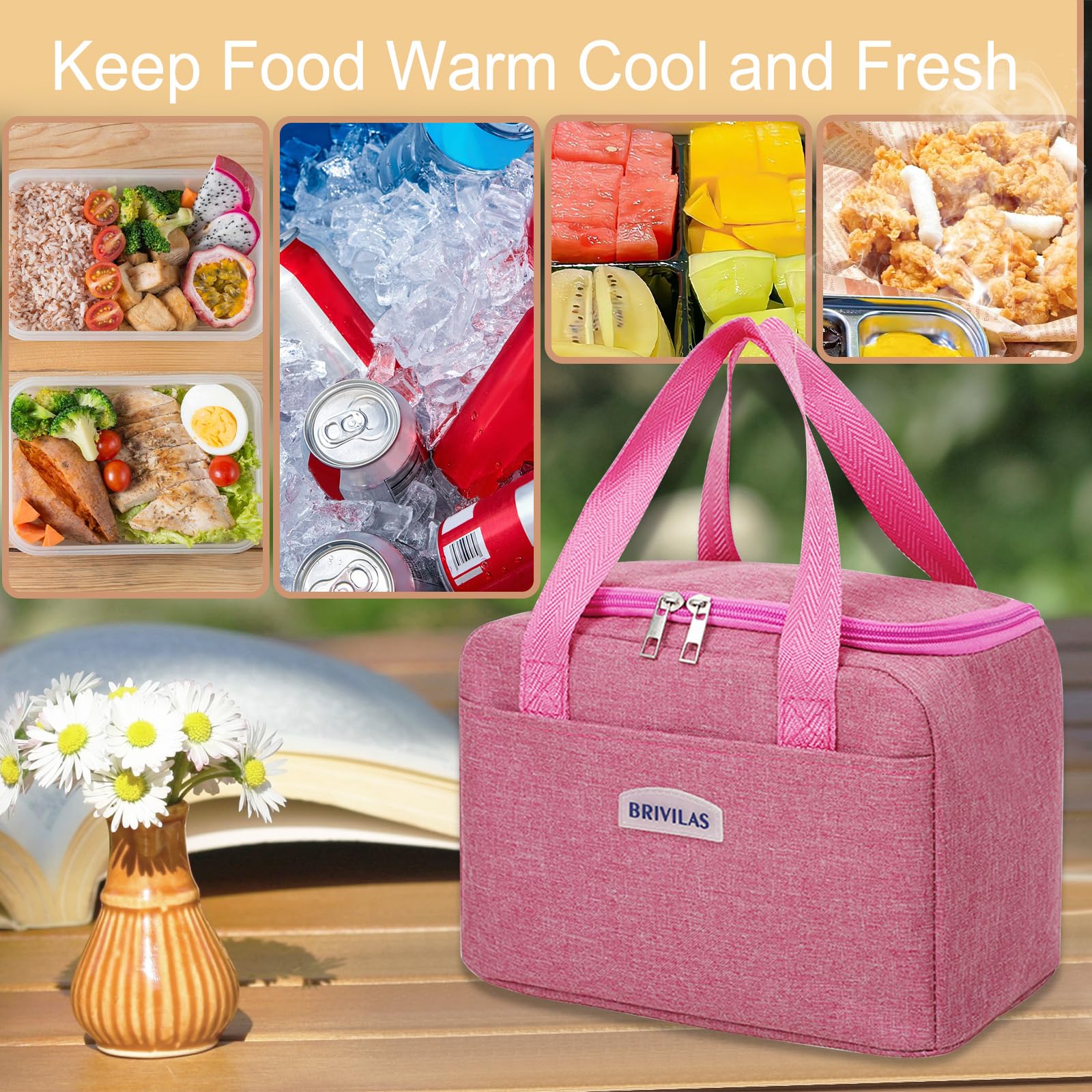 Binoster Insulated Lunch Bag Tote Bag for Women Wide Open Insulated Cooler Bag Water-Resistant Thermal Leak-Proof Lunch Organizer for Men Girls Outdoor Picnic Work (Rose Red Square) - Image 4