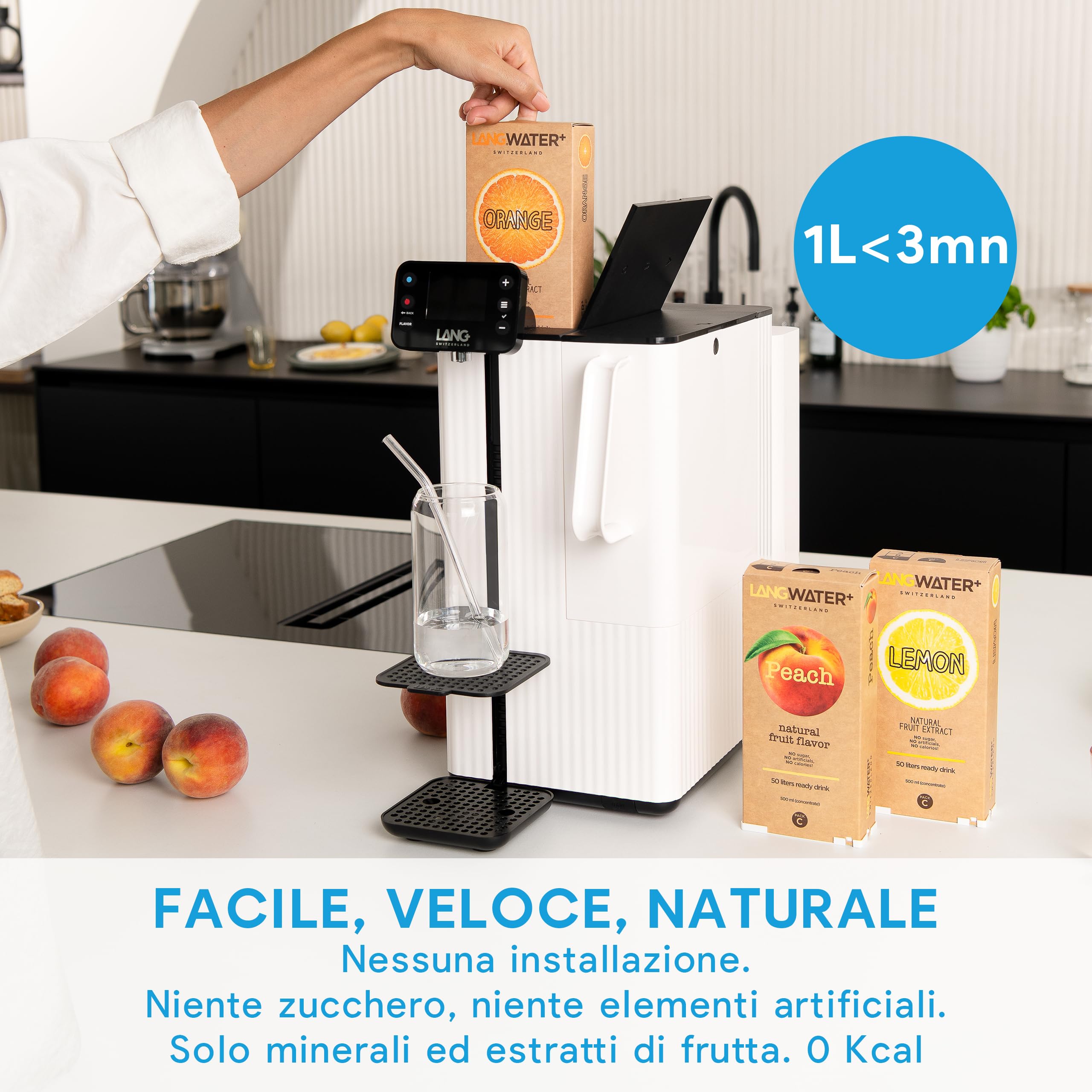 LANGWATER -Depuratore Acqua Domestico Portatile - Osmosi Inversa e Mineralizzazione - Senza Microplastiche - Senza Installazione - Erogatore di Acqua Calda - Con Filtri 2 packs Minerali, 1 Limone