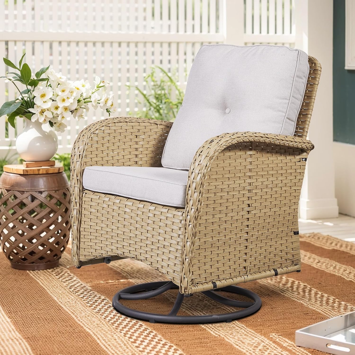 2 in 1 Porch Glider Swivel Chair - Outdoor Swivel Rocker Patio Wicker Chair with Thick Cushions, 300 Lb Weight Capacity Patio Swivel Glider Seating Yellow/Beige