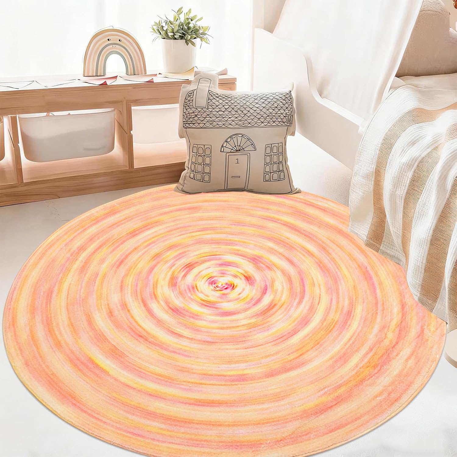 Pastel Kids Rug 3.3Ft Round Orange Carpet for Girls Bedroom Playroom Nursery, Circle Modern Abstract Colorful Children Rug, Soft Nonslip Washable Gradient Floor Mat for Living Room Dorm