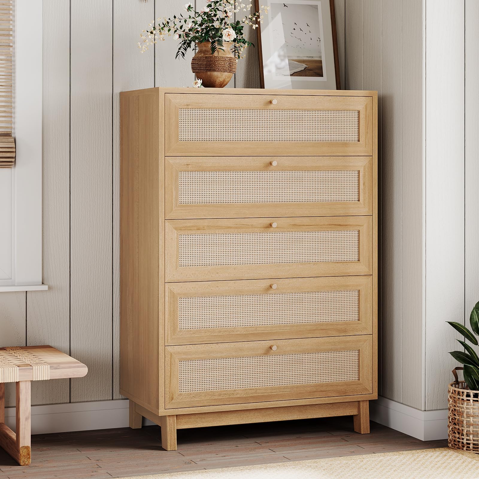 VIAGDO Rattan Dresser for Bedroom, 5 Drawer Dresser with Natural Rattan Drawers, Wooden Tall Cabinet with Gold Handles, Modern Closet Storage Chest of Drawers for Nursery Entryway Living Room