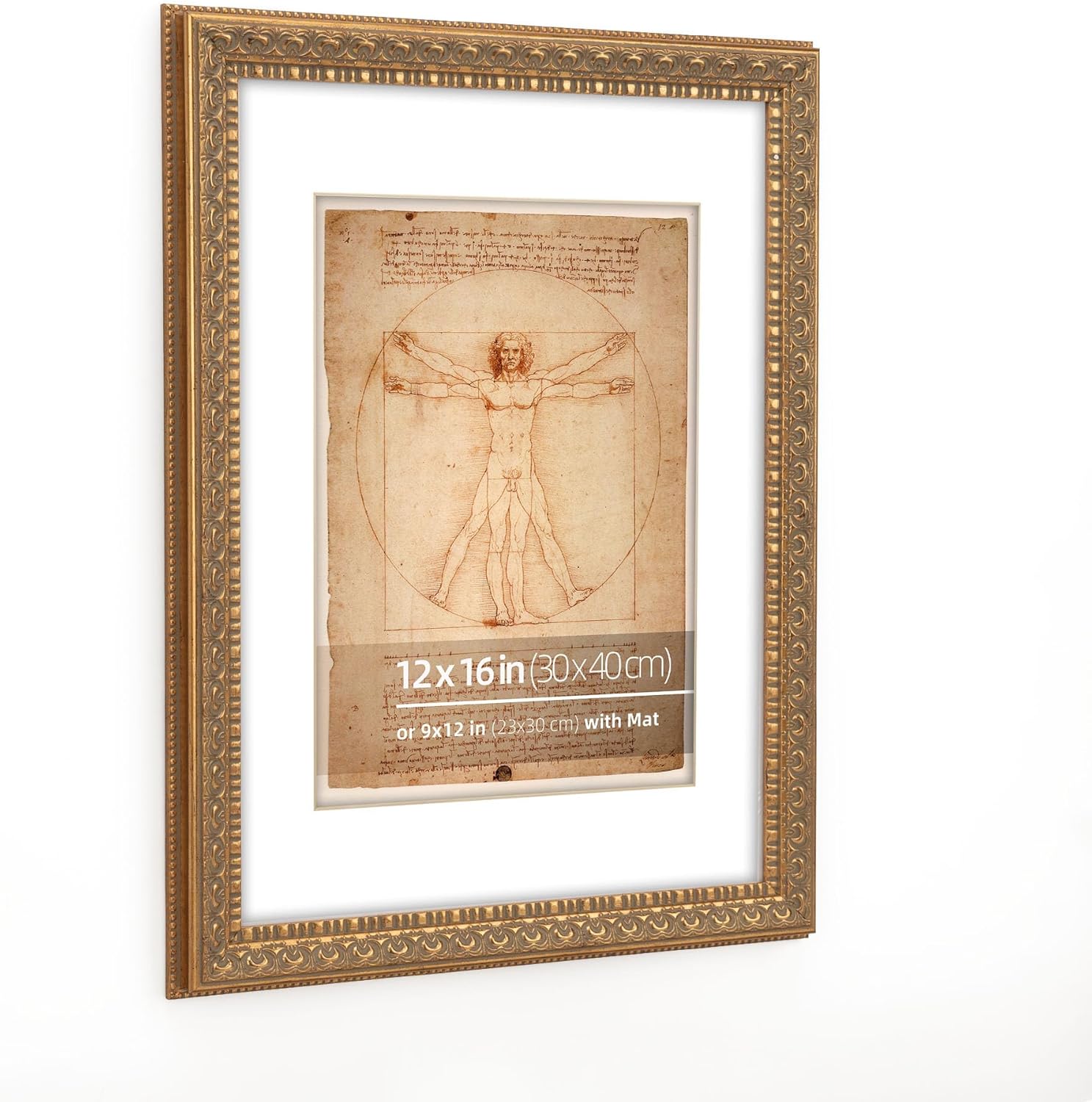 12x16 inches Antique Gold Ornate Picture Frame, With Mat for 9x12 inches photos, Plexi glass Protection, 2 Pack